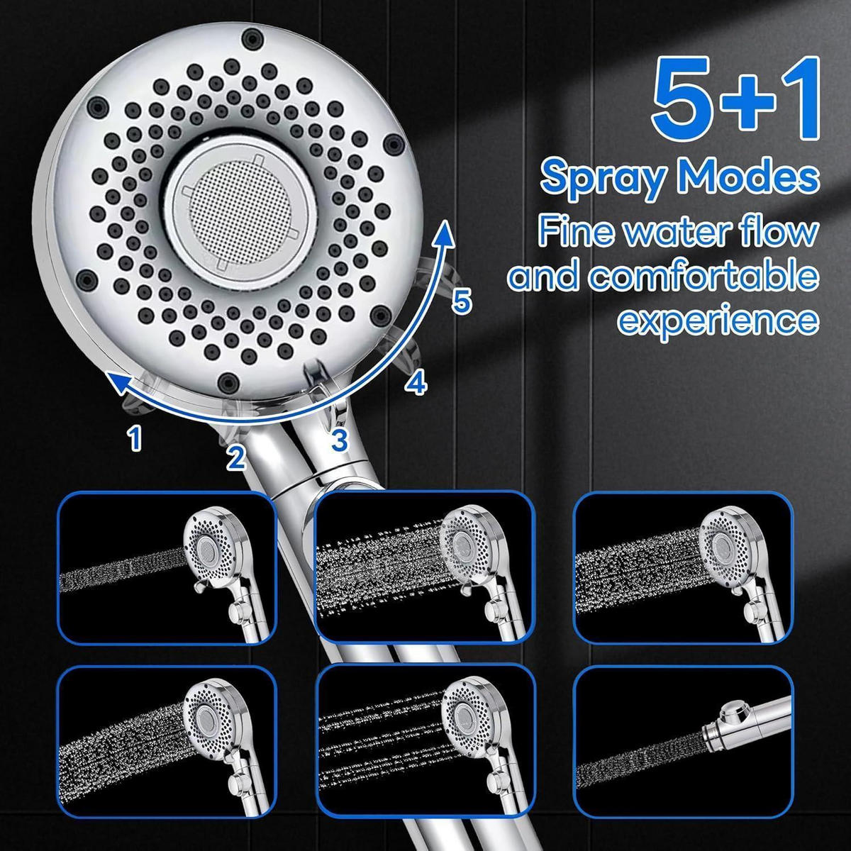 HANDBRAUSE mit 6 Strahlarten und Wasserstopp-Funktion - Silberfarben, Metall (10/12.7/21cm)