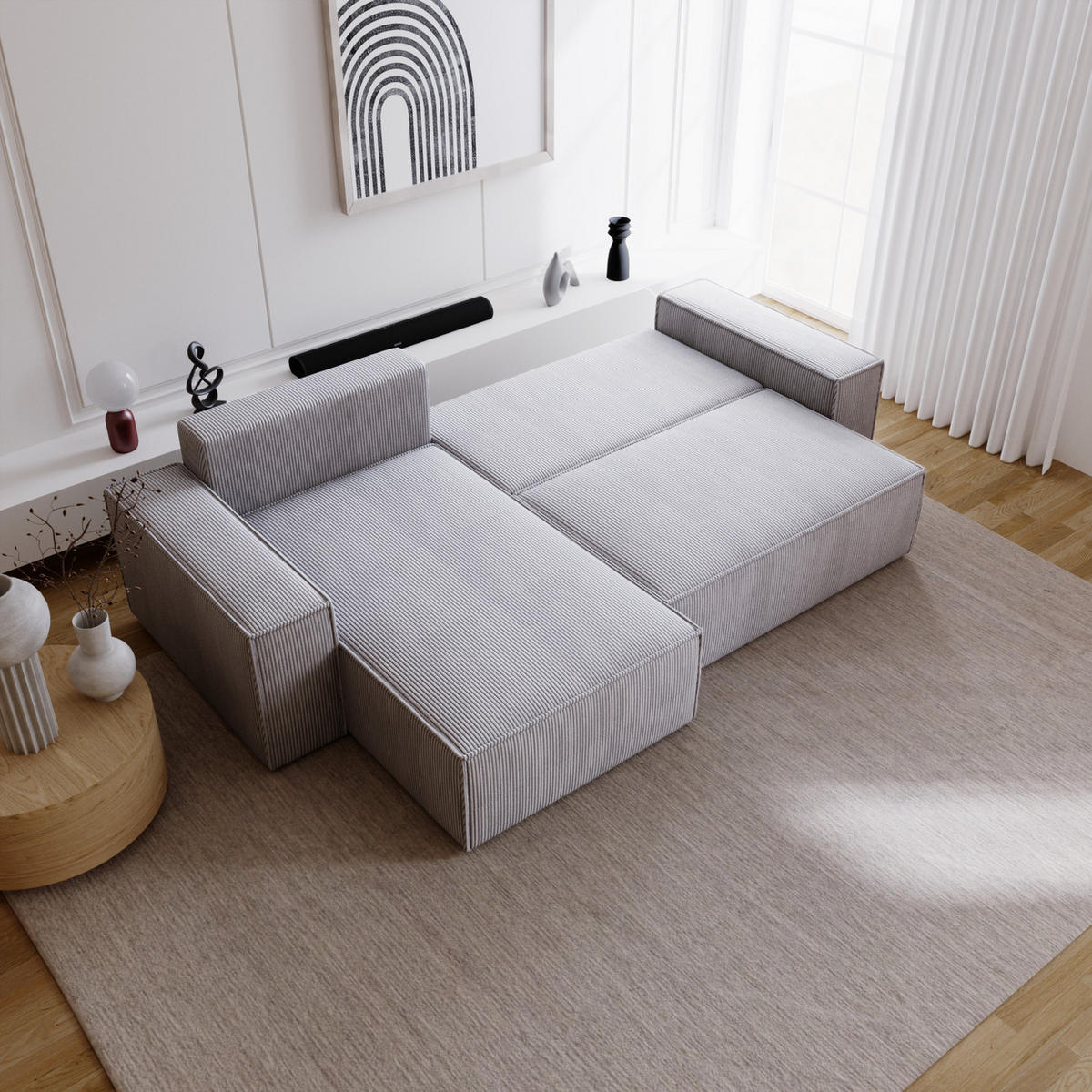 ECKSOFA Bergamo L mit Cordstoff, 280 cm, Schlaffunktion, Links - Hellgrau - Hellgrau, Holz (277/189cm) - Emporius