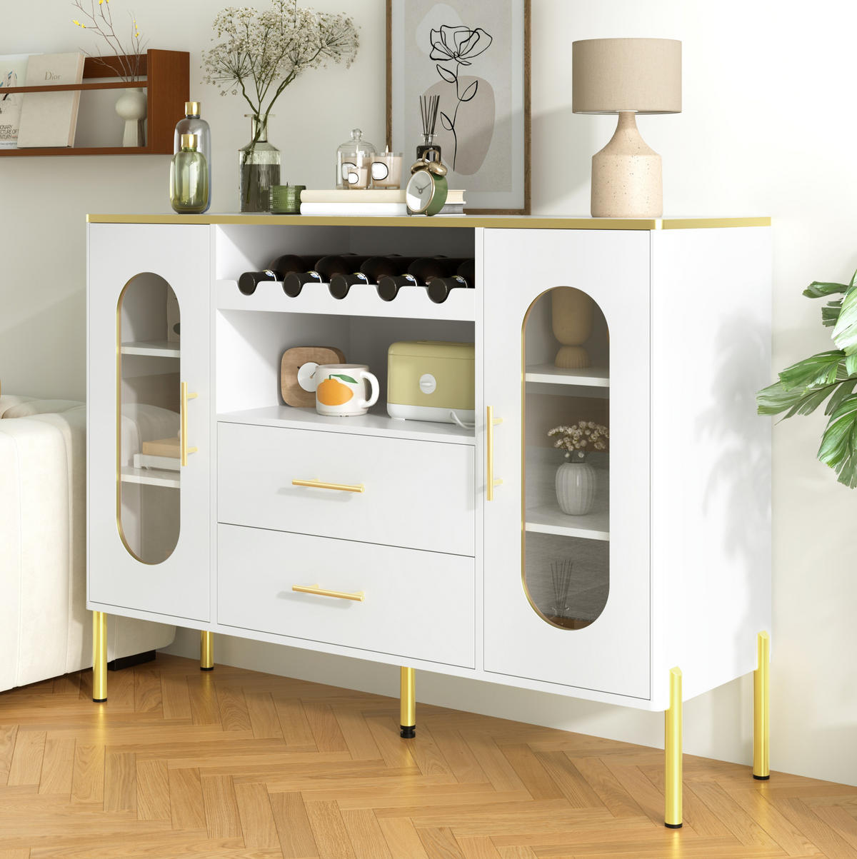 SIDEBOARD mit Glasfronten und integriertem Weinregal, 120/38/90 cm, Weiß mit goldenen Akzenten - Weiß, Holzwerkstoff (120/90/38cm) - Redom