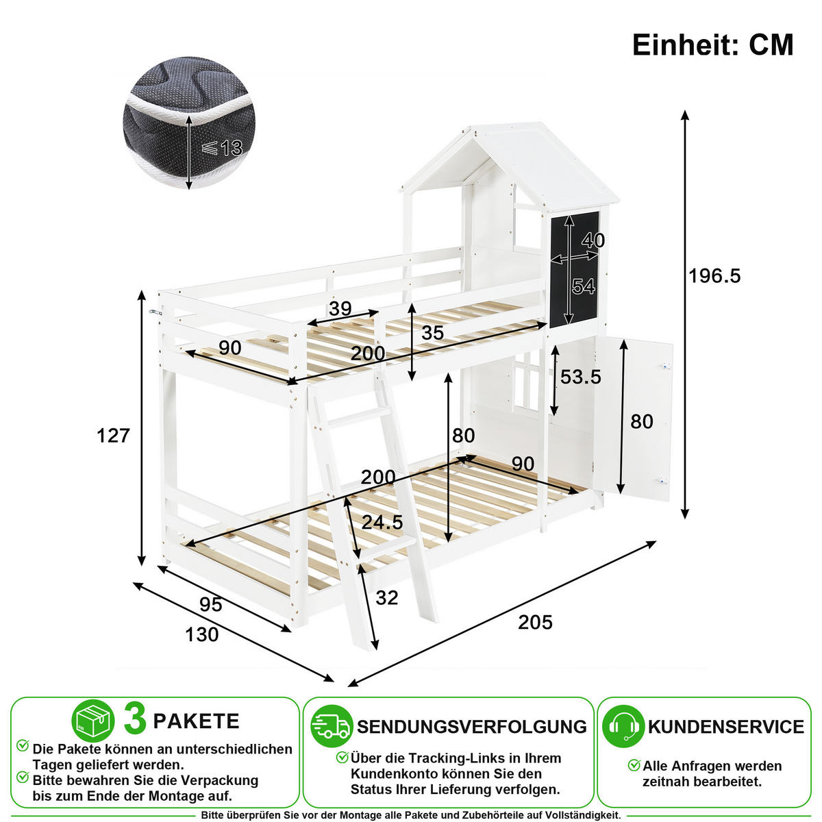 ETAGENBETT 90/200 cm in Weiß mit Tür, Tafel und Dach - Weiß, Holz/Holzwerkstoff (90/200cm) - CHICFURN