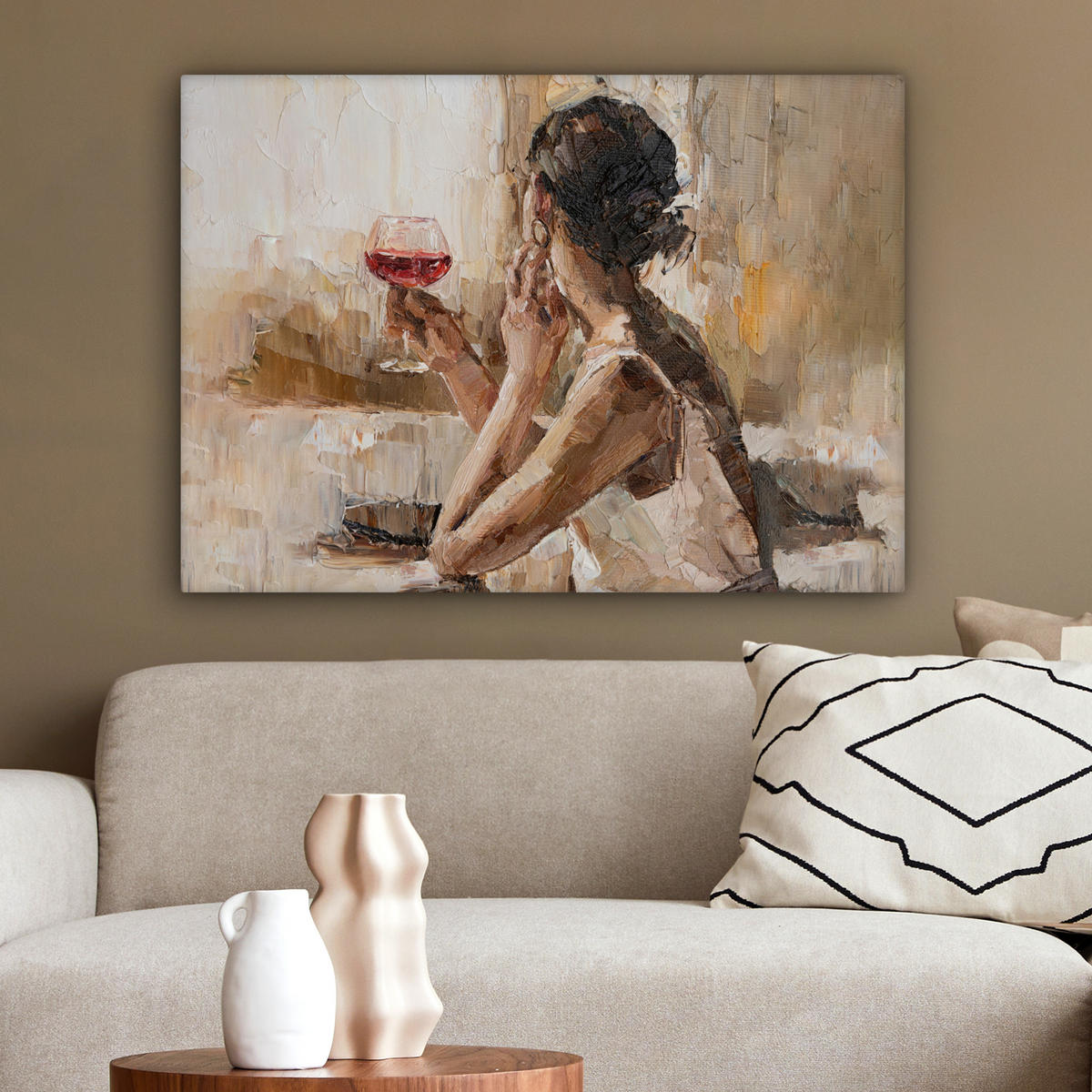 LEINWANDBILD Ölgemälde - Frau - Wein Wandbilder 80x60 cm - Hellbraun, Textil (80/60cm) - MuchoWow