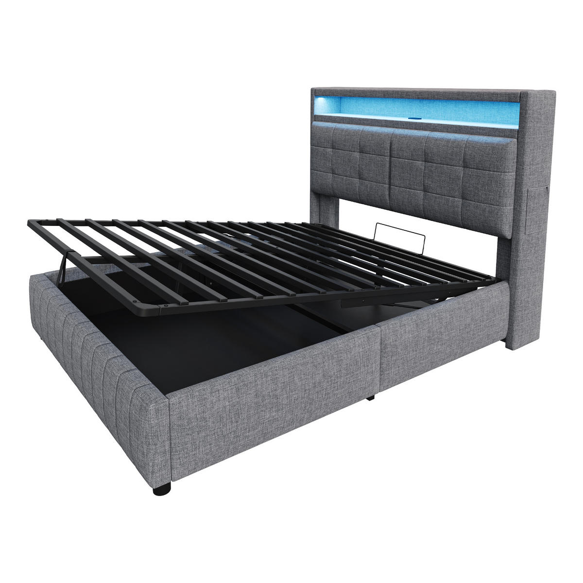 POLSTERBETT 160/200 cm grau mit LED-Beleuchtung und USB-Anschluss - Grau, Textil (160/200cm) - OKWISH