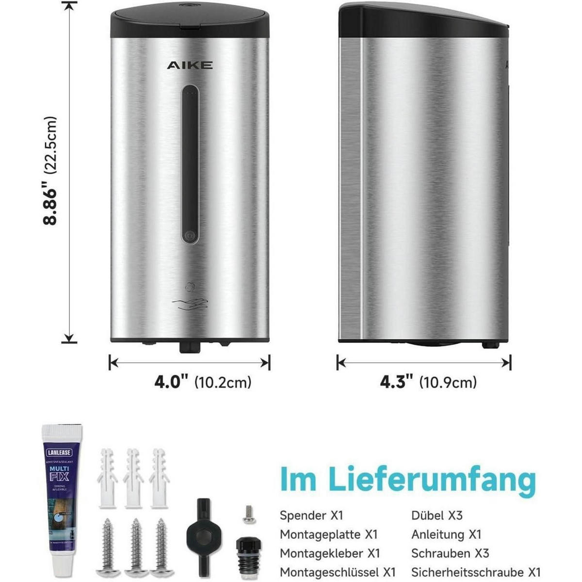 SCHAUMSEIFENSPENDER Edelstahl gebürstet 750ml Wandmontage - Silberfarben, Metall (12/11/24cm)