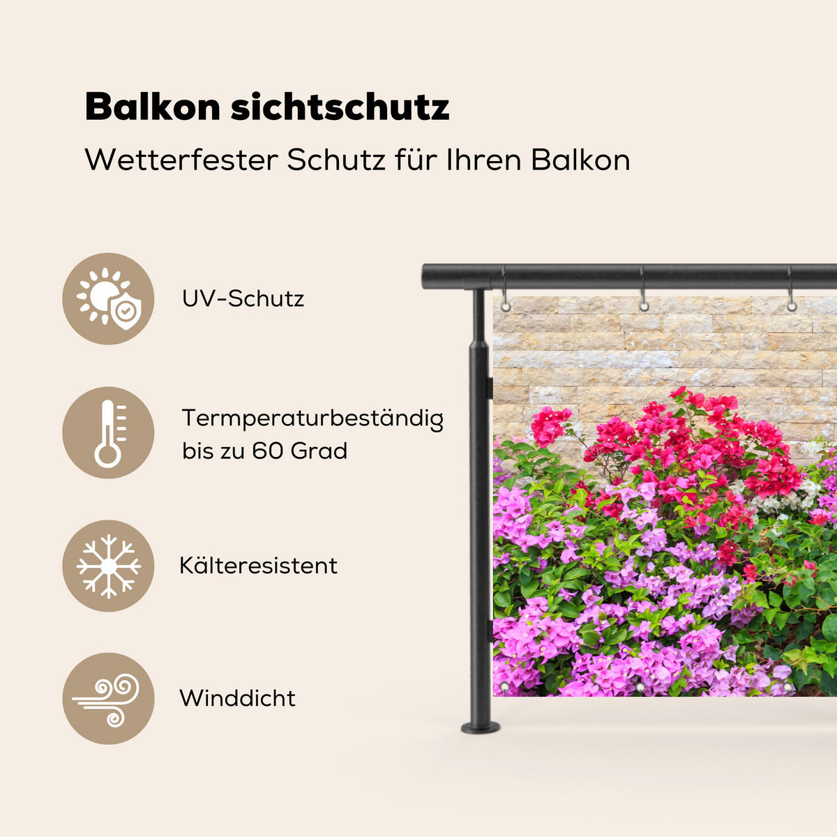 BALKON-SICHTSCHUTZ Blumen - Pflanzen - Blätter - Steine - Pink, Kunststoff (200/90cm) - MuchoWow