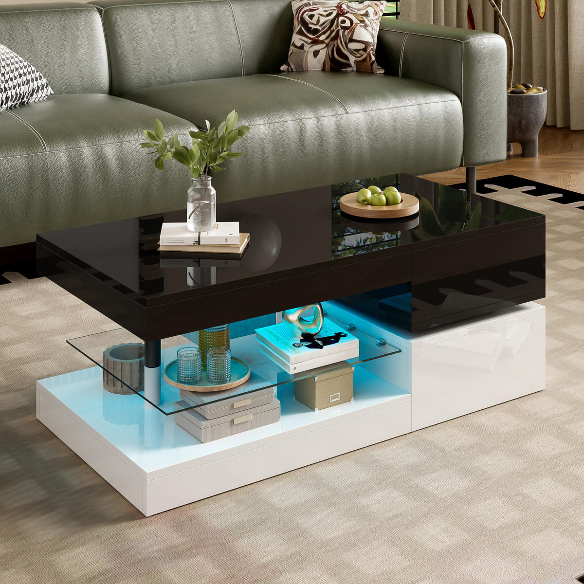 COUCHTISCH Schwarz Weiß mit LED und Glasablage - Schwarz, Metall (90/45/34cm)