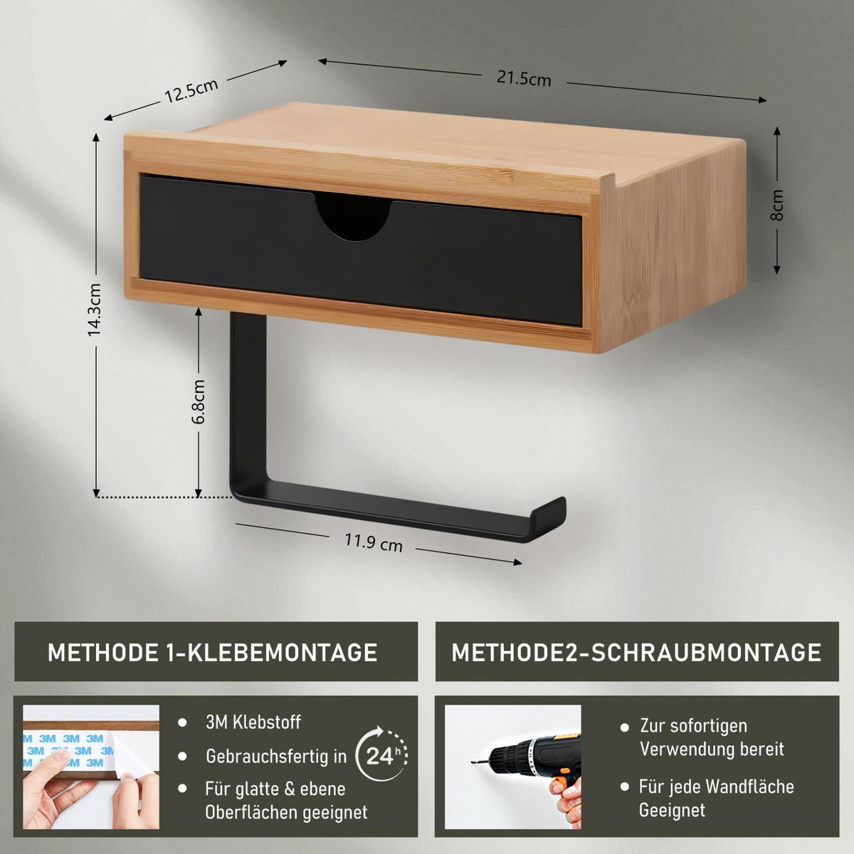 TOILETTENPAPIERHALTER mit Schublade 10x18,5x13cm Bambus - Schwarz, Holz (18.5/10/13cm) - BERLINLODGE
