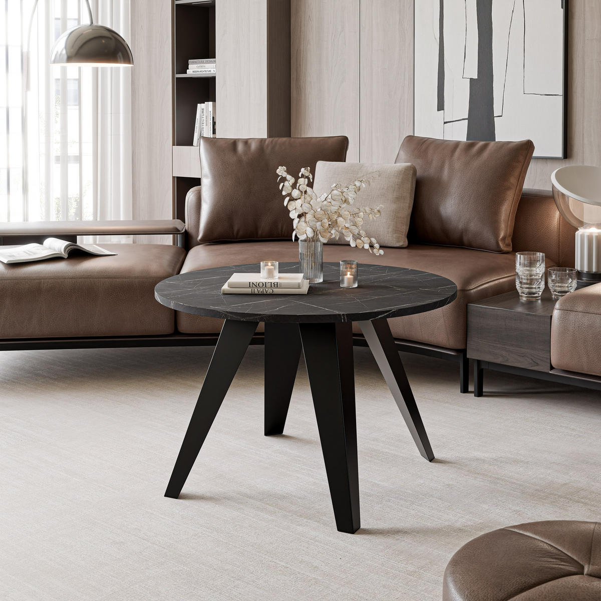 COUCHTISCH FRESCO 75/50 cm runden, Schwarz / Grigia Pietra (Steingrau) - Schwarz/Grau, Metall (75/75/50cm) - Idohome