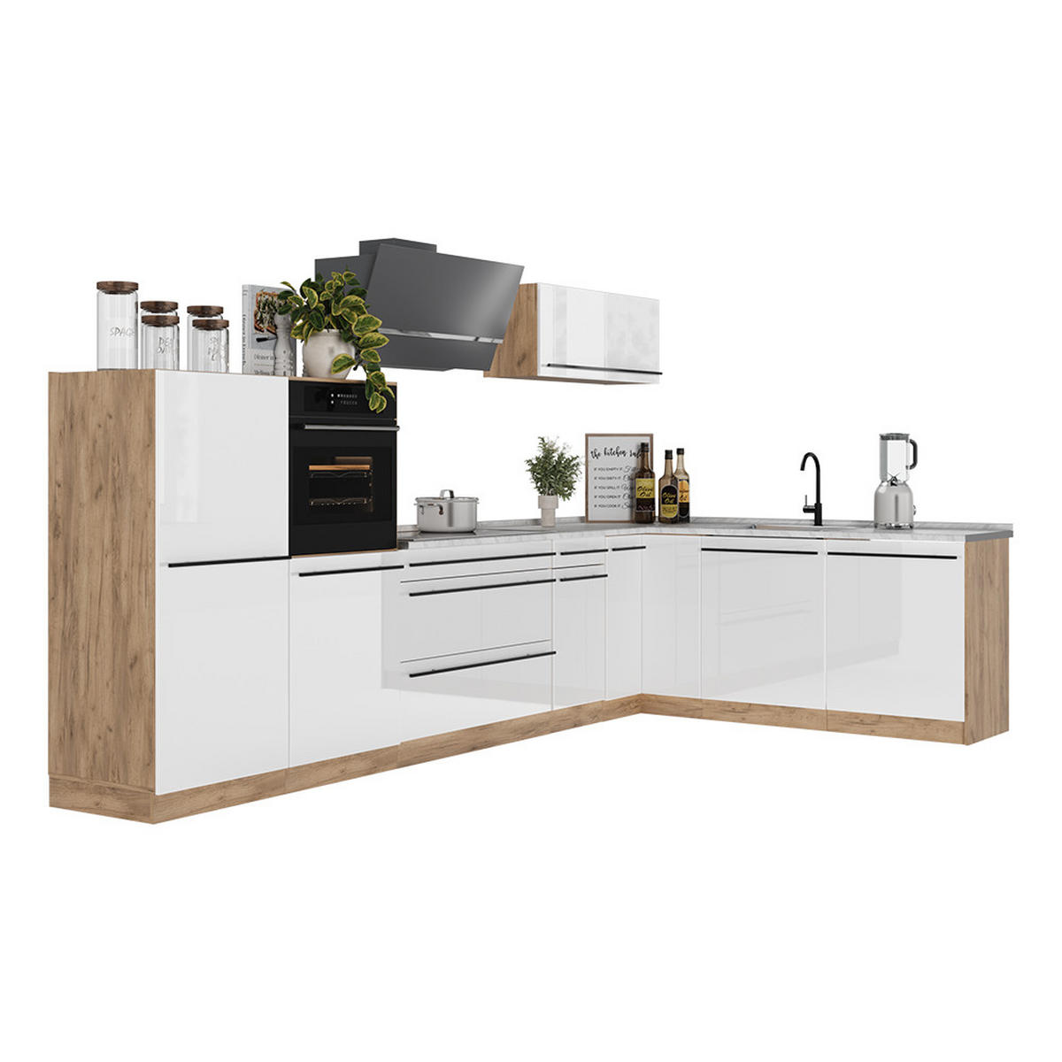 ROHOVÁ KUCHYŇA R-Line, Biely vysoký lesk/Dub Goldkraft, 347 x cm Goldkraft tammi työtaso - biela s vysokým leskom/farba duba, kompozitné drevo (347/143/60cm) - Vicco