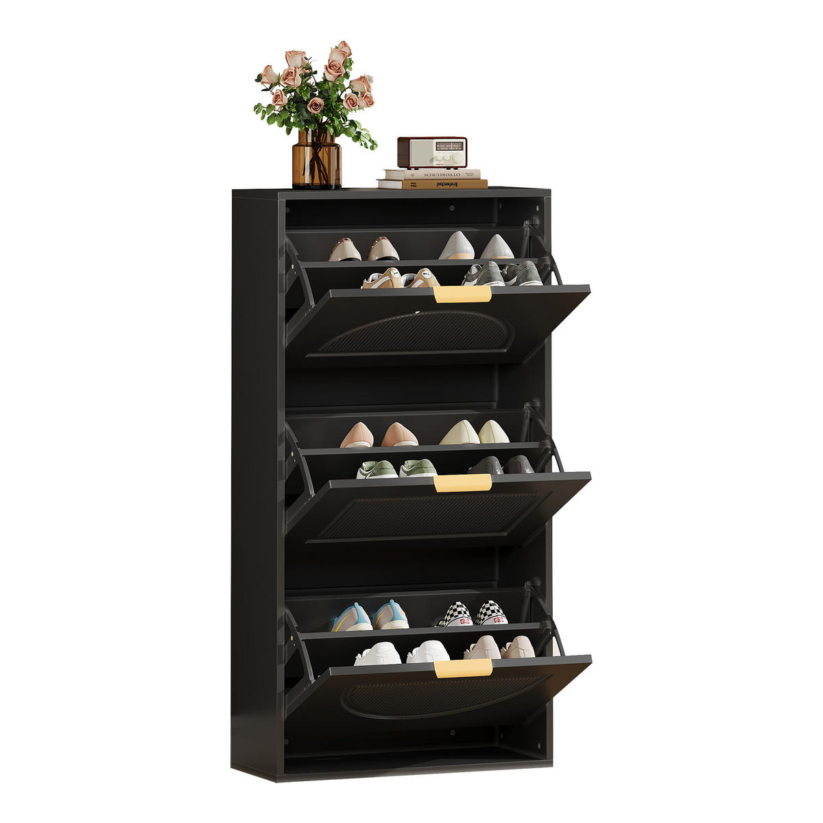 SCHUHSCHRANK Schmal 3 Klappen Schwarz 60x24x114cm - Schwarz, Holzwerkstoff (24/114/60cm) - FLIEKS