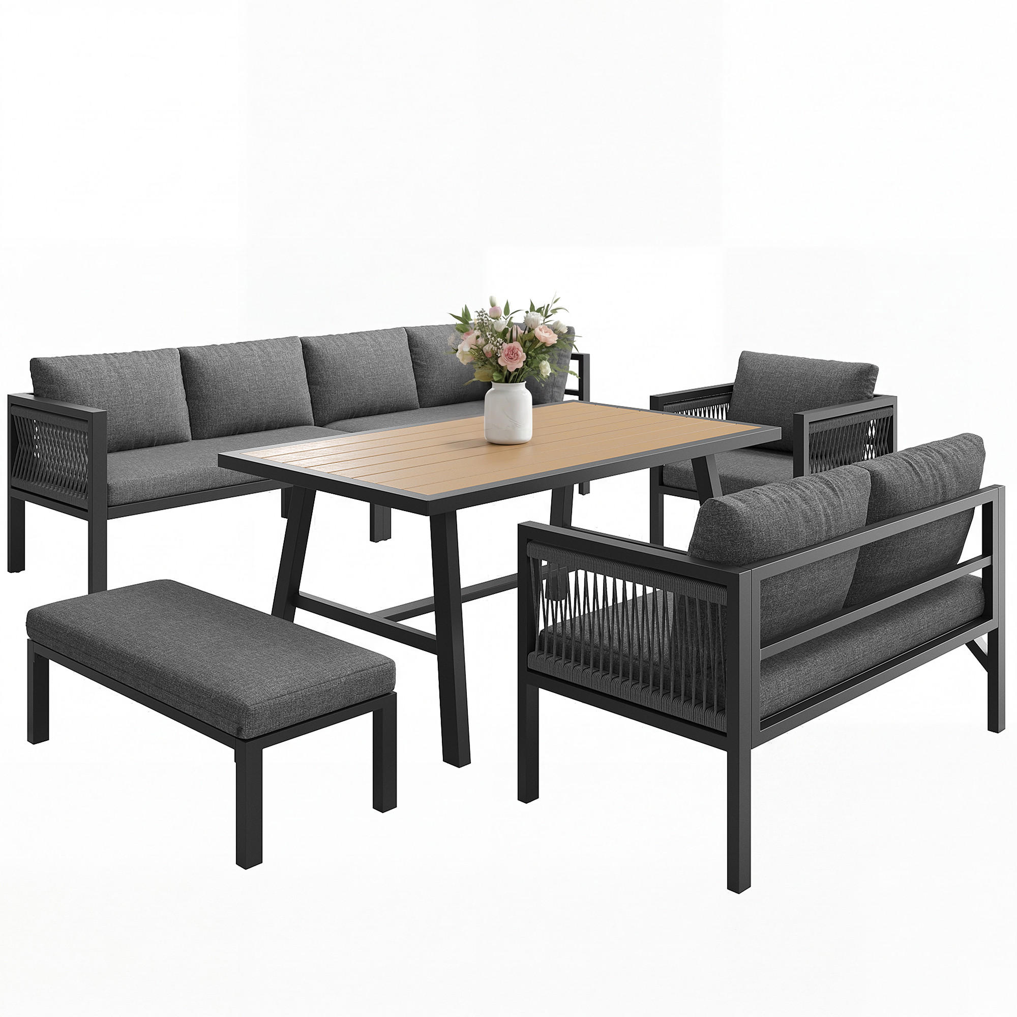 GARTENLOUNGE 6tlg Grau Beige Ecksofa Tisch Hocker wetterfest - Grau, Metall - FLIEKS