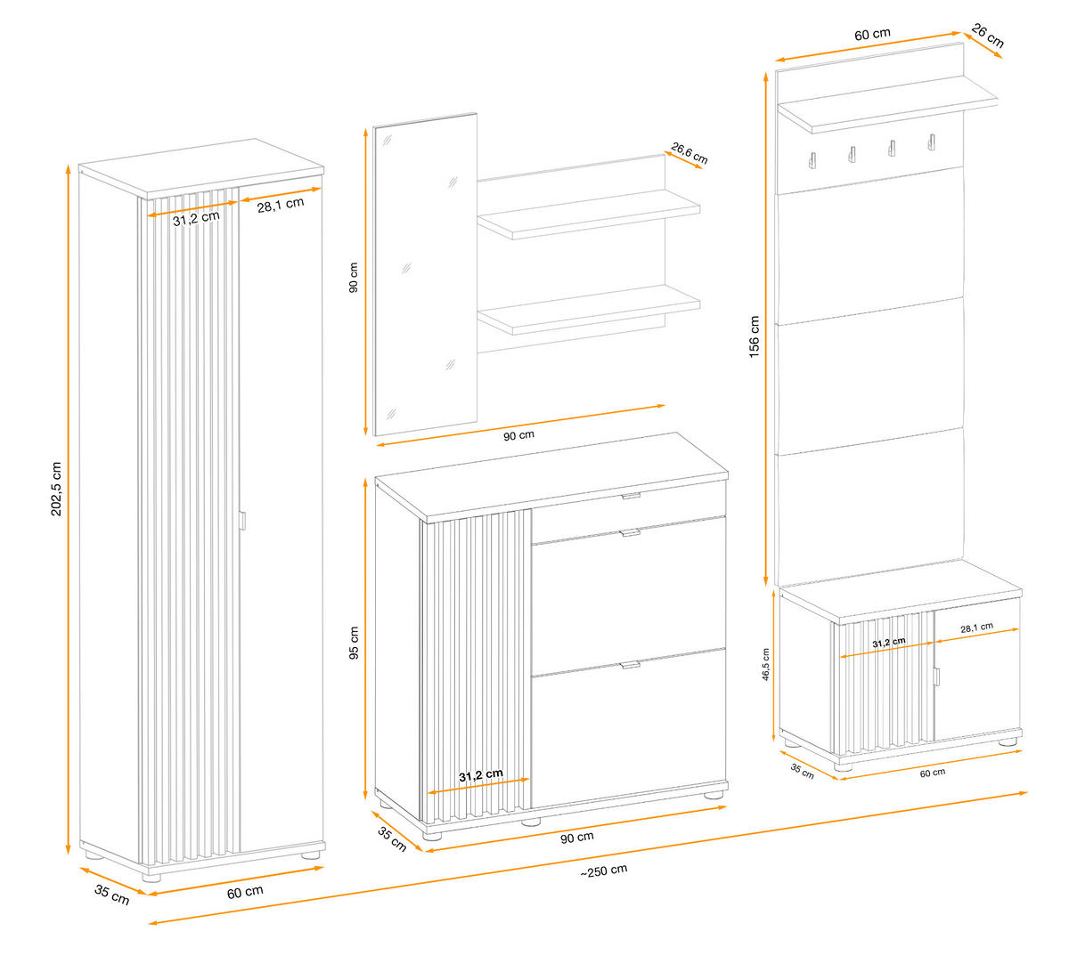 GARDEROBE Set 5-teilig Eiche Jackson, schwarz 250 cm, Garderobenkombination mit 3D-Lamellen - Eichefarben/Schwarz, Holzwerkstoff/Kunststoff (230/202/35cm) - Furn.Design