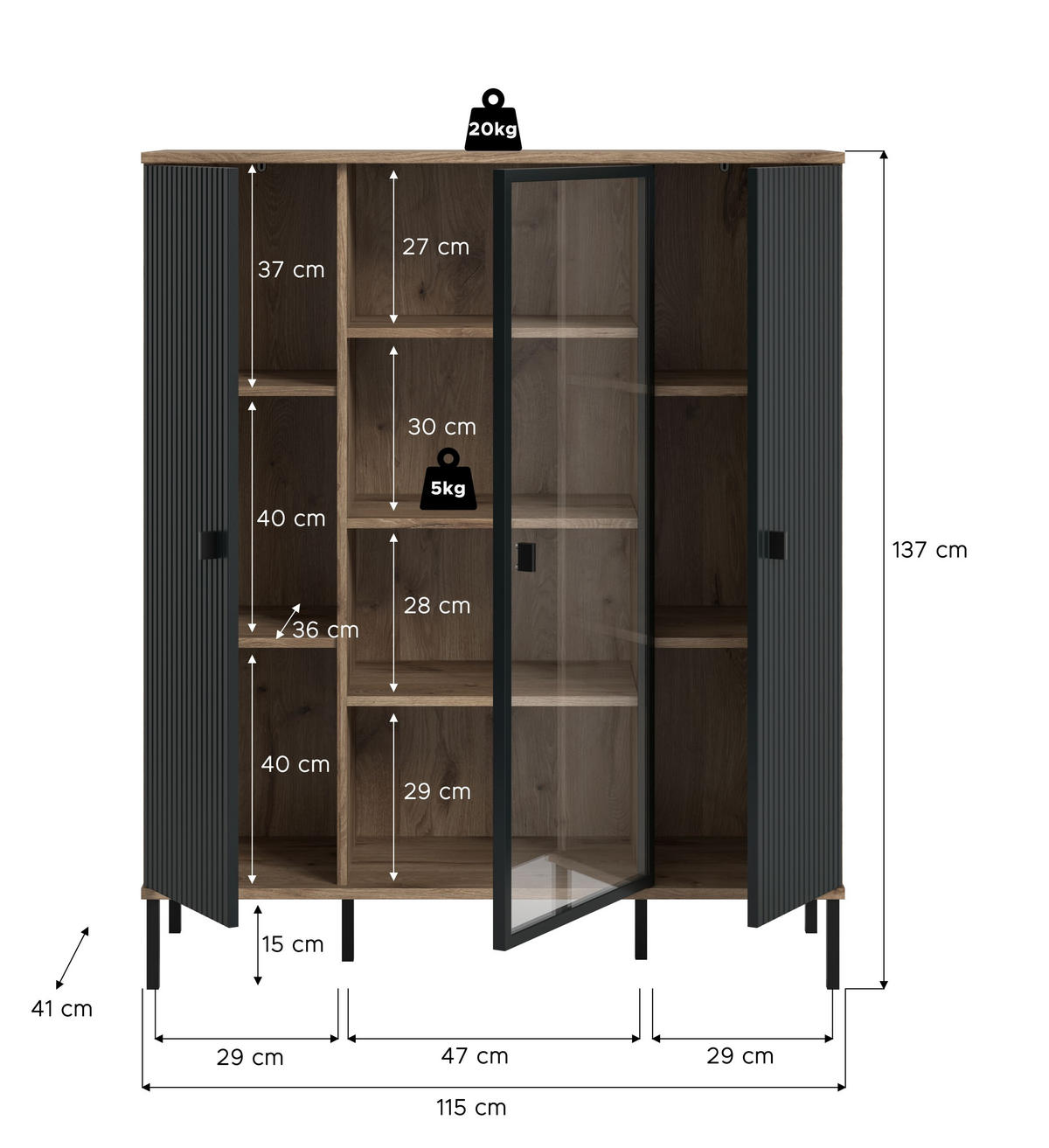 HIGHBOARD Chess schwarz 115/41/137 cm - Braun, Holzwerkstoff (115/137/41cm) - Xonox
