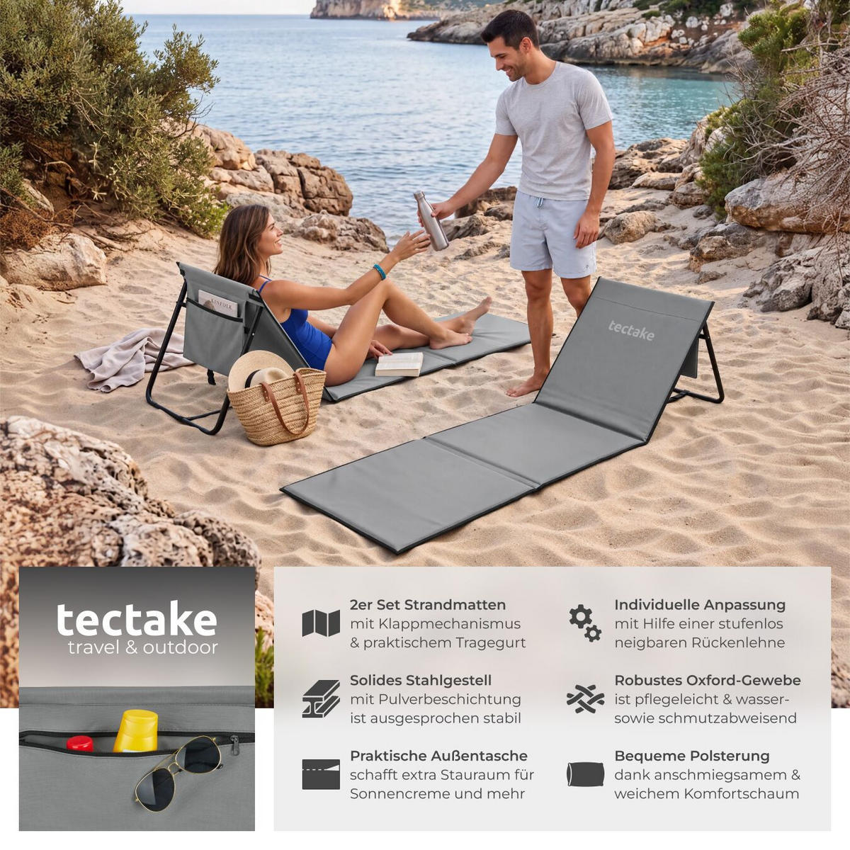 STRANDMATTE 2er Set Mina, inkl. Aufbewahrungstasche, grau/blau - Blau/Grau, Textil (52.5/1.7/157cm) - tectake