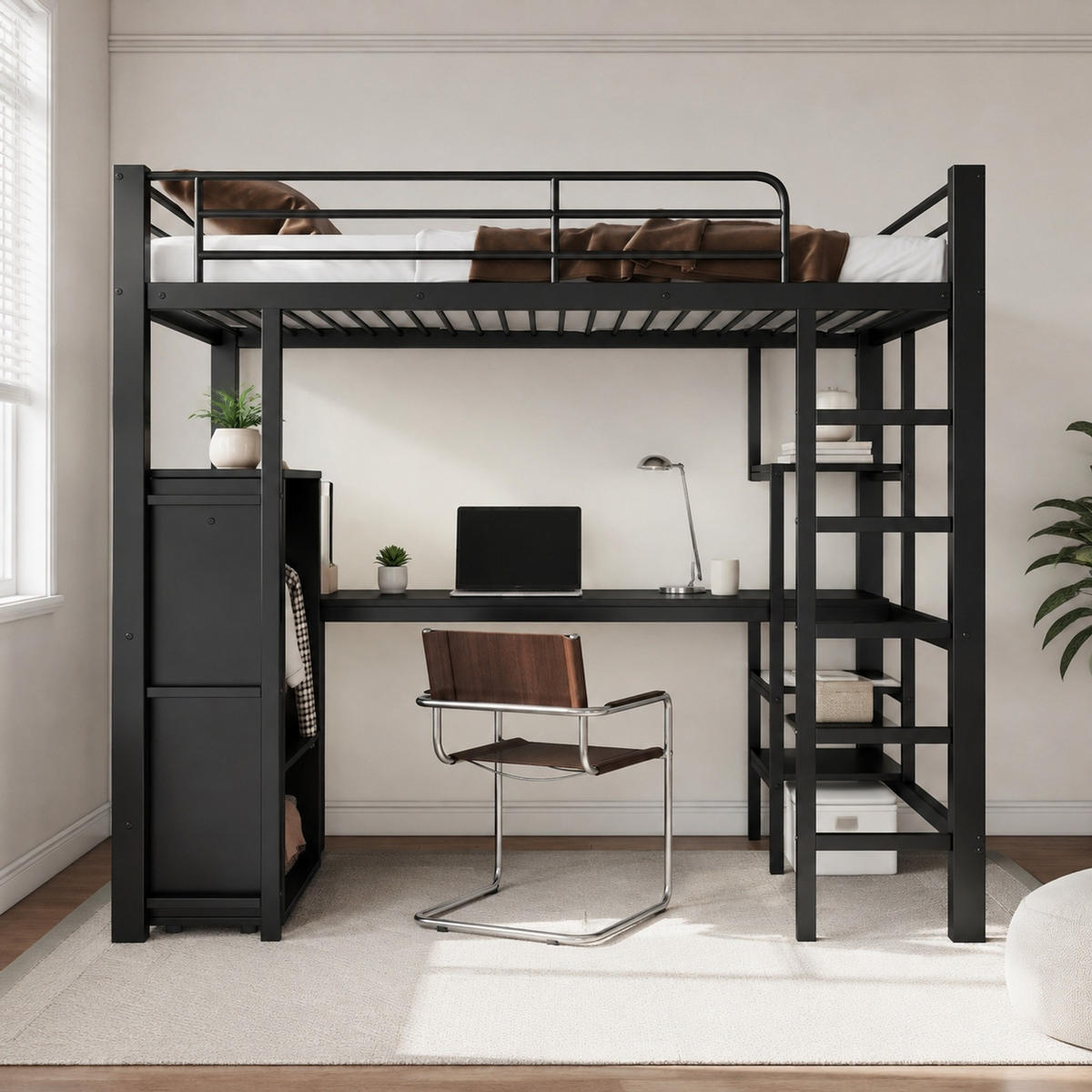 HOCHBETT 90/200 mit Schreibtisch, Kleiderschrank und Regalen in Schwarz - Schwarz, Holzwerkstoff/Metall (90/200cm) - EVRYAE