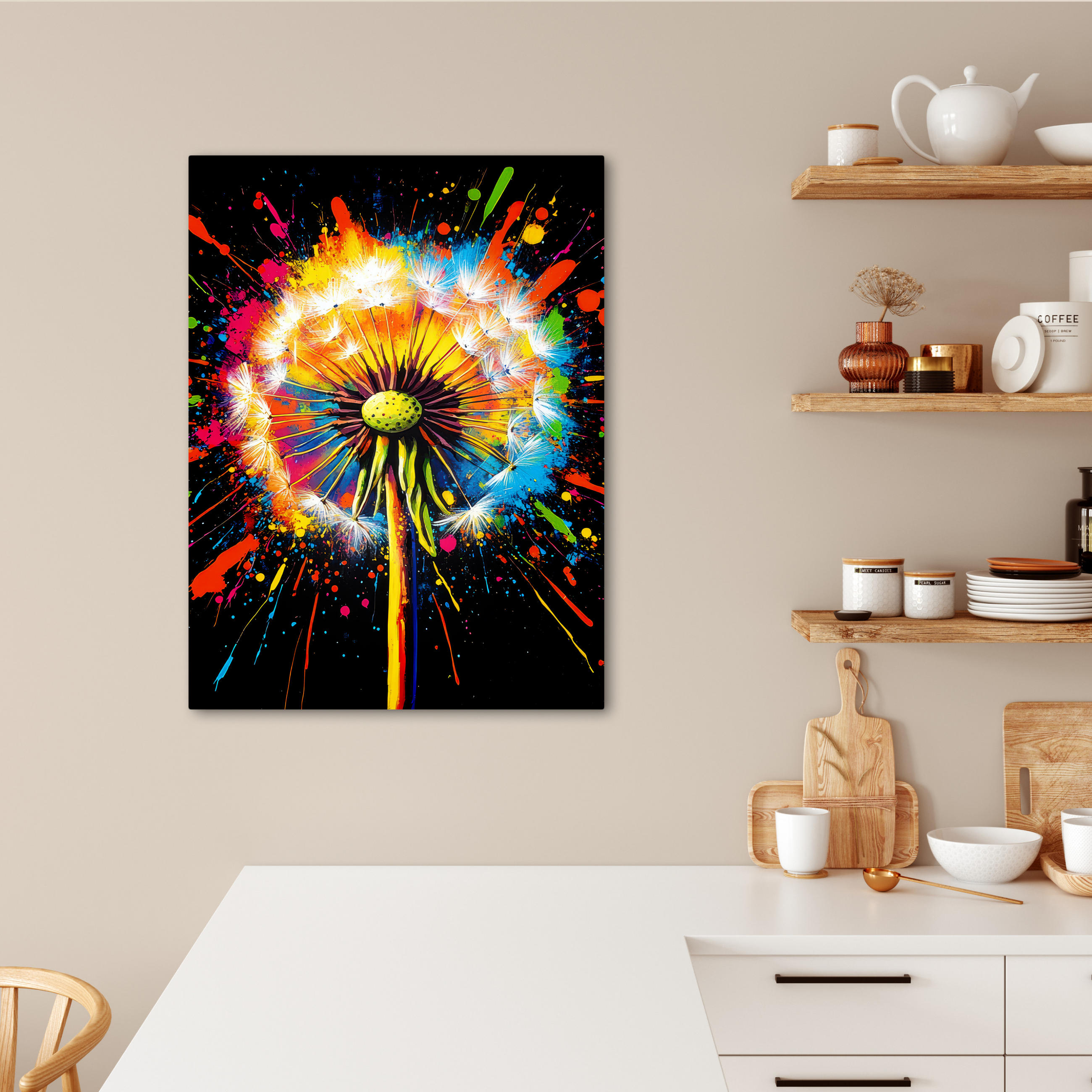 LEINWANDBILD Löwenzahn - Graffiti - Farbenfroh - Blumen - Natur 60x80 cm - Multicolor, Textil (60/80cm) - MuchoWow