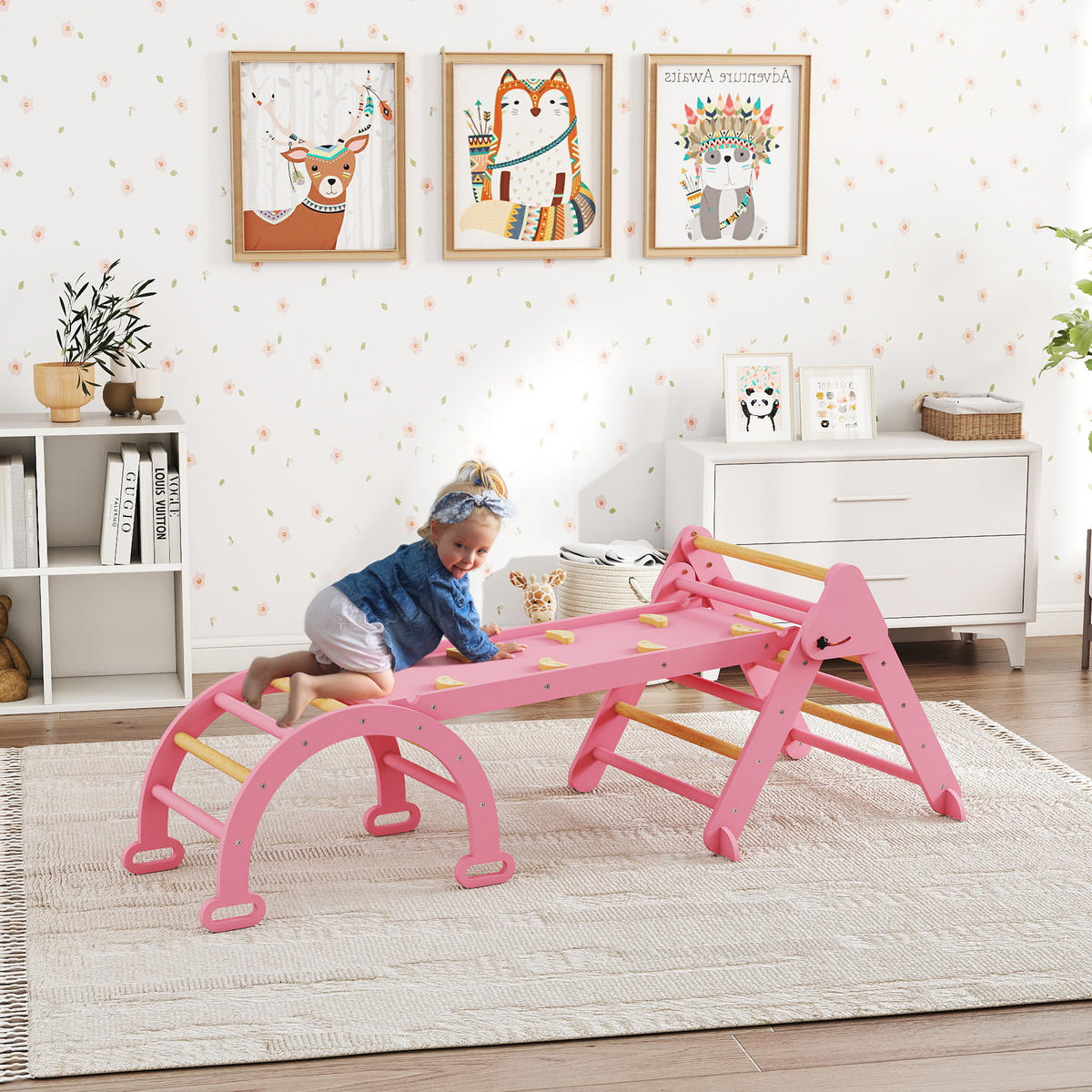 KLETTERGERÜST 7-in-1 DE-09885 Natur - Pink, Holz (70/59/188cm) - ComfortXL