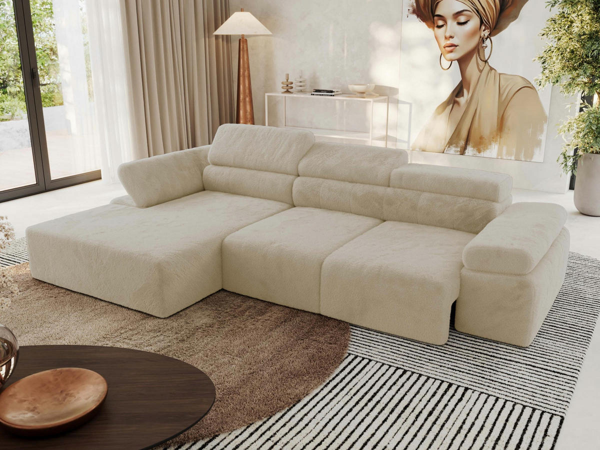 ECKSOFA RILASSO L Creme Plüsch - links - Creme/Schwarz, Kunststoff/Textil (296/174cm) - MKS
