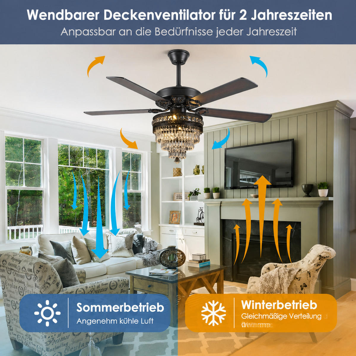DECKENVENTILATOR Schwarz 132 cm mit Kristallleuchte und Fernbedienung - Schwarz, Metall (157.5/157.5/64.5cm) - Surtime