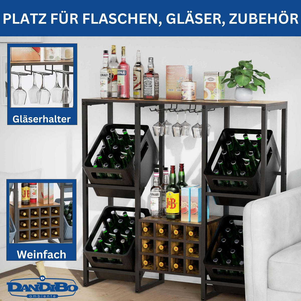 GETRÄNKEKISTENREGAL 4 Kisten mit Ablage Holzablage 96659 - Schwarz, Metall (116/112/32cm) - DanDiBo