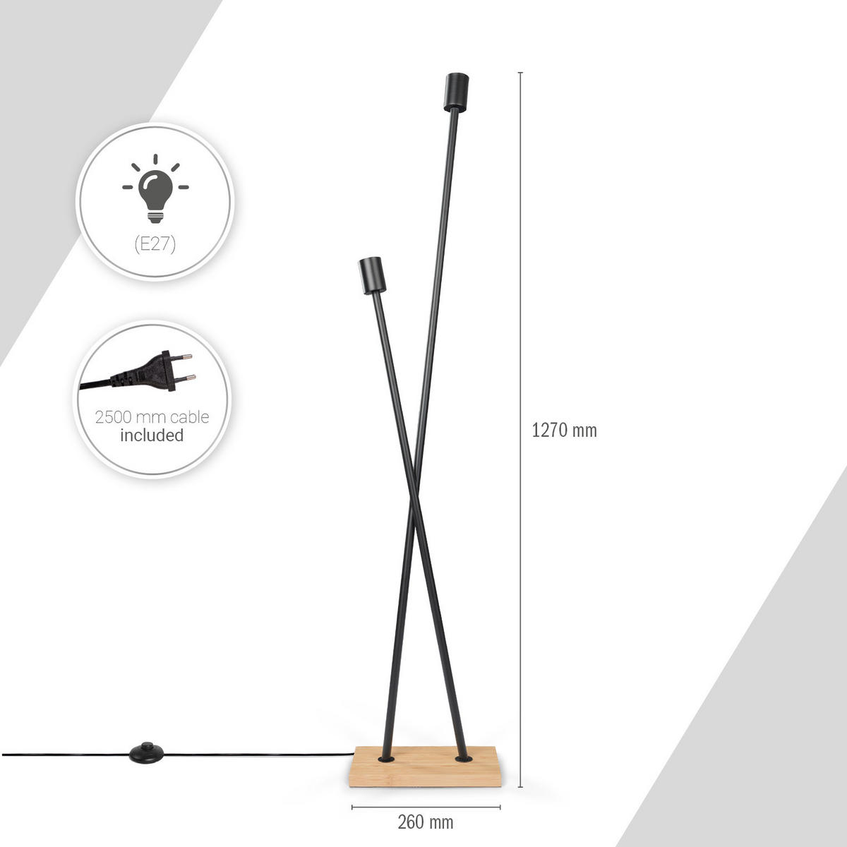 STEHLEUCHTE Iks Fl - Schwarz/Naturfarben, Metall (26/15/127cm) - Paco Home