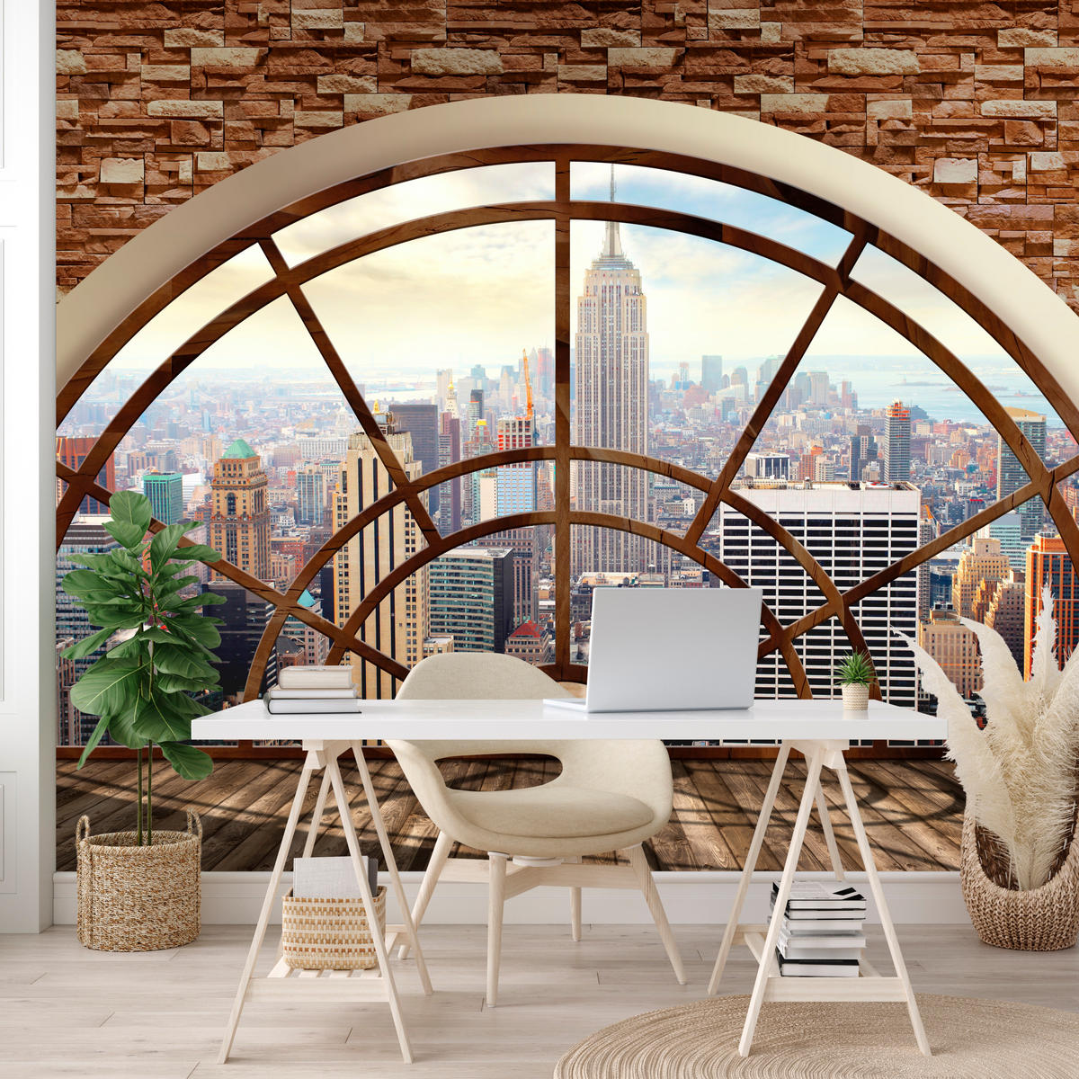 FOTOTAPETE für Wohnzimmer New York Fensterblick Panorama Stadt 250x175 - Beige/Braun, Papier (250/175cm) - Muralo