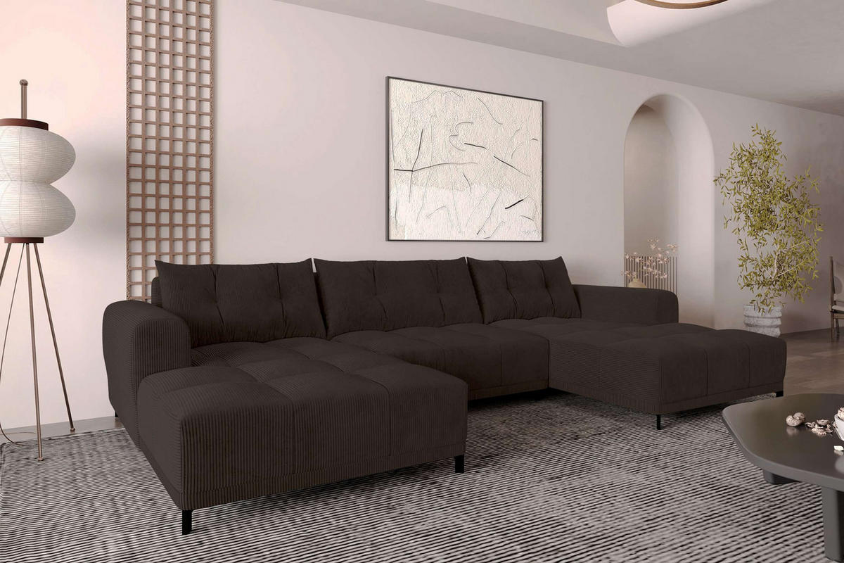 WOHNLANDSCHAFT Massimo Cordstoff Braun inkl. Schlaffunktion - Schwarz/Braun, Textil/Metall (356/94/181cm) - 99rooms