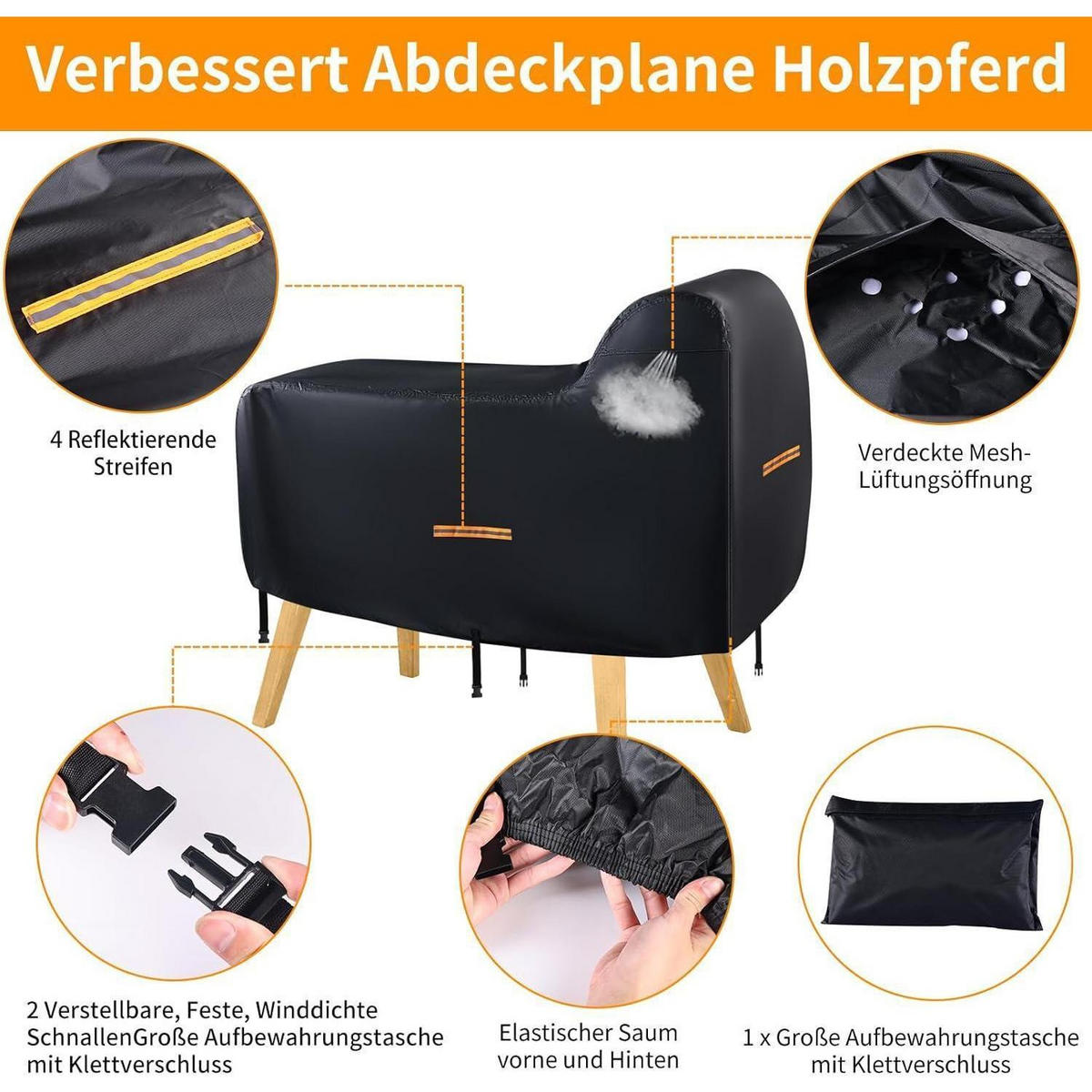 SCHUTZHÜLLE Holzpferd 160 x 110 x 70 cm 420D Oxford Schwarz - Schwarz, Textil (70/110/160cm)