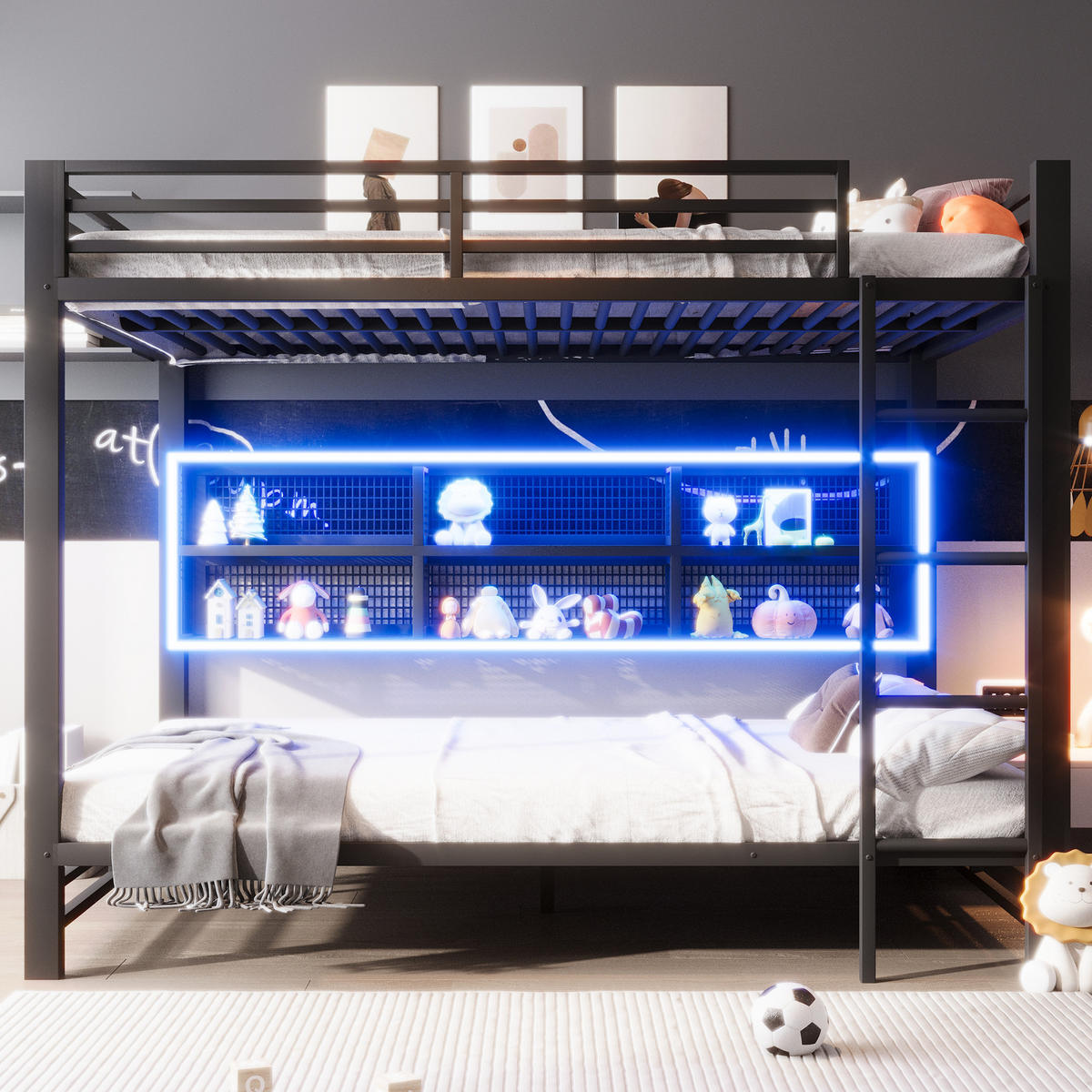 ETAGENBETT 140/200 cm in Schwarz mit 6 Schränken und LED - Schwarz, Metall (140/200cm) - CHICFURN