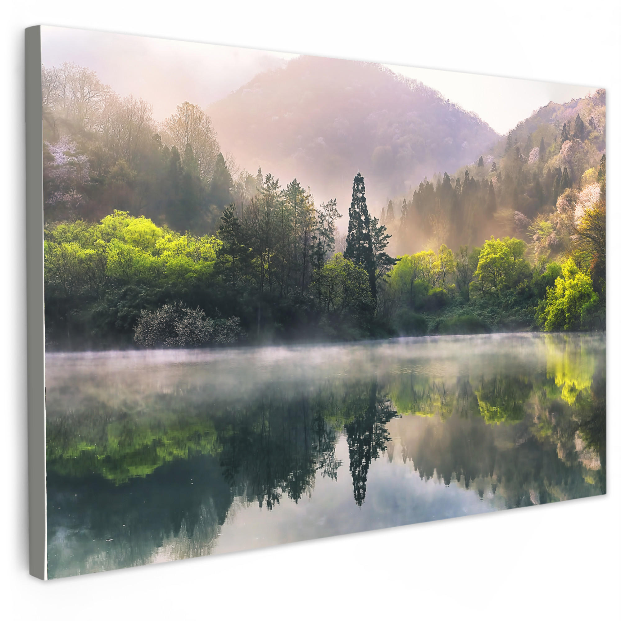 LEINWANDBILD Natur - Bäume - Berge - See - Wasser 30x20 cm - Hellgrün, Textil (30/20cm) - MuchoWow