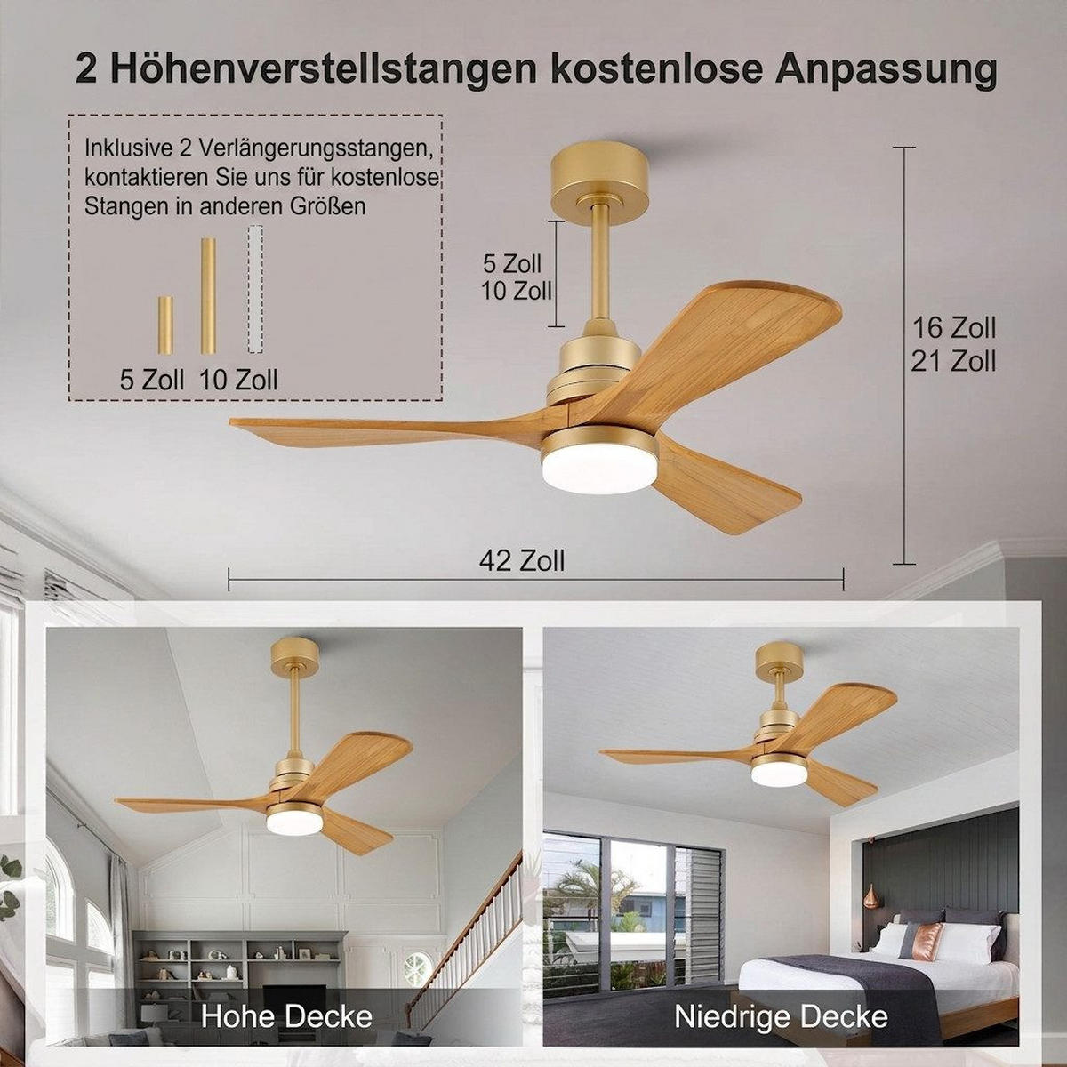 DECKENVENTILATOR & LED-Beleuchtung/Fernbedienung Sommer/Winter Betrieb - Goldfarben, Metall (107/107/53cm) - BEXEVUE