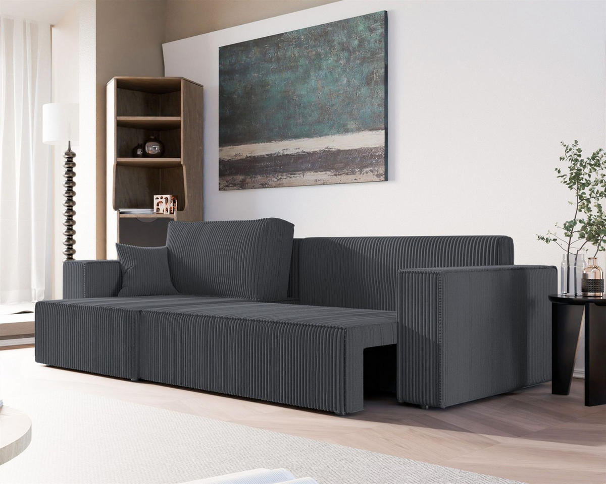 ECKSOFA Adara Max Mit Schlaffunktion - Dunkelgrau, Holzwerkstoff/Textil (276/145cm) - Fun Möbel