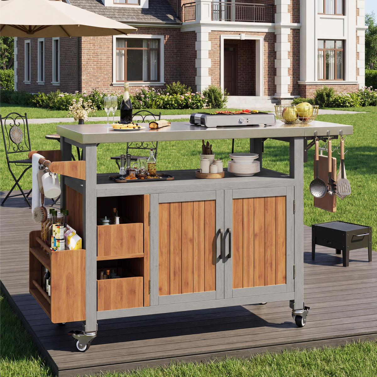 SERVIERWAGEN Massivholz/Edelstahl - Naturfarben, Metall (47/92/138cm) - ComfortXL