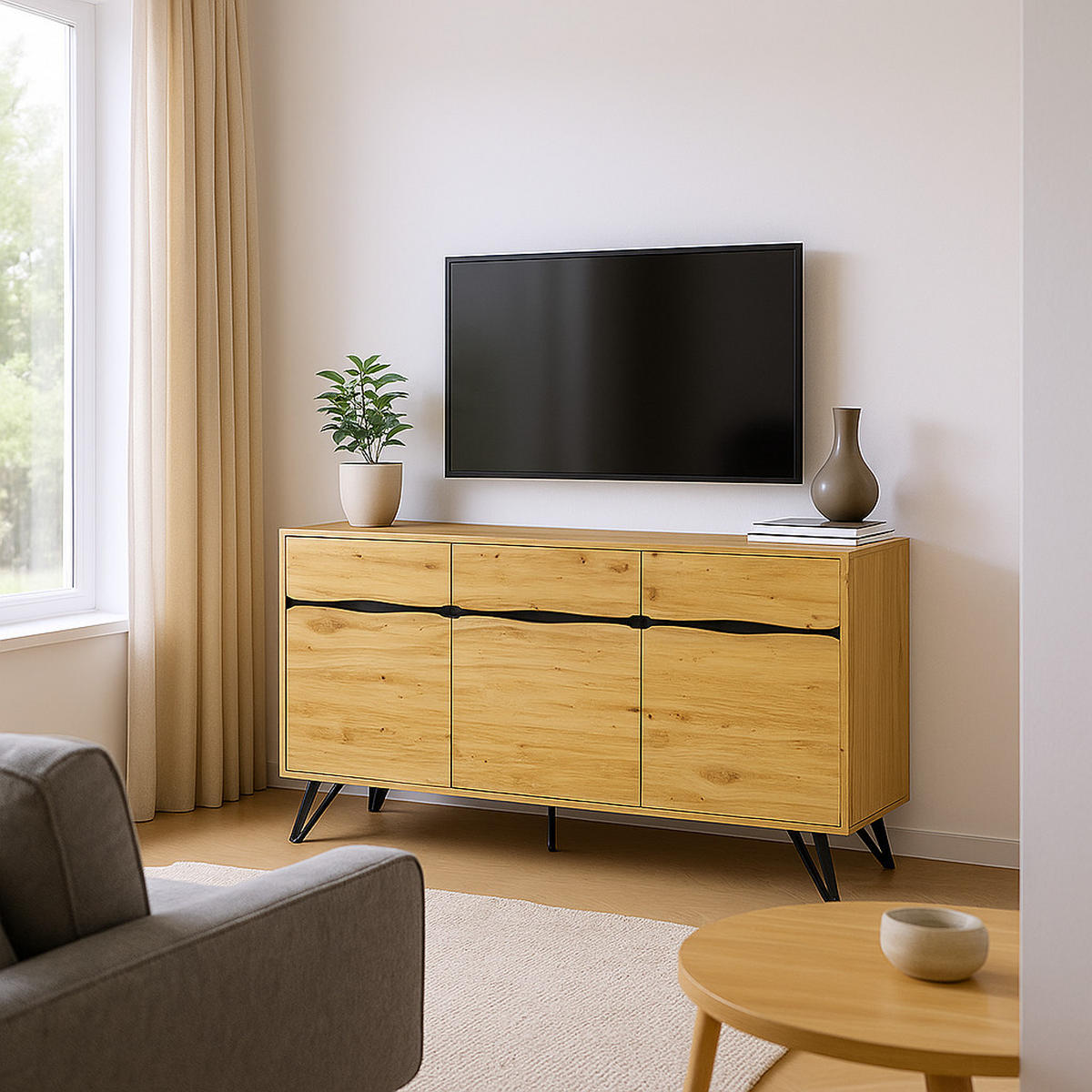 SIDEBOARD Eiche Nachbildung mit 4 Türen und Stabilem Gestell - Eichefarben, Holzwerkstoff/Metall (140/75.5/40cm) - Urban Meuble