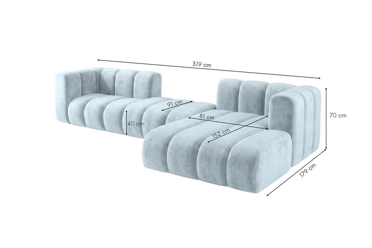 ECKSOFA Modulares In L-Form, Velvet-Stoff Riviera, Babyblau, Rechts, GRAND 319 cm - Hellblau, Holz (319/175cm) - Kaiser Möbel