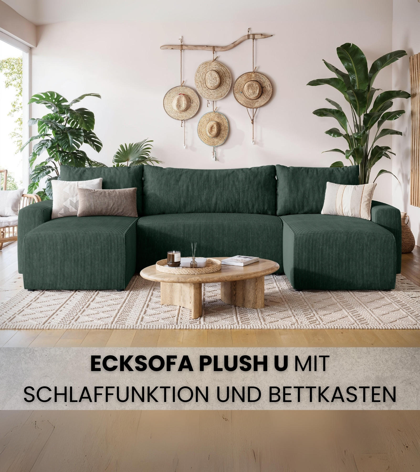 WOHNLANDSCHAFT Plush mit Schlaffunktion Grün Cord - Dunkelgrün, Kunststoff/Textil (315/72/145cm) - Bromarkt
