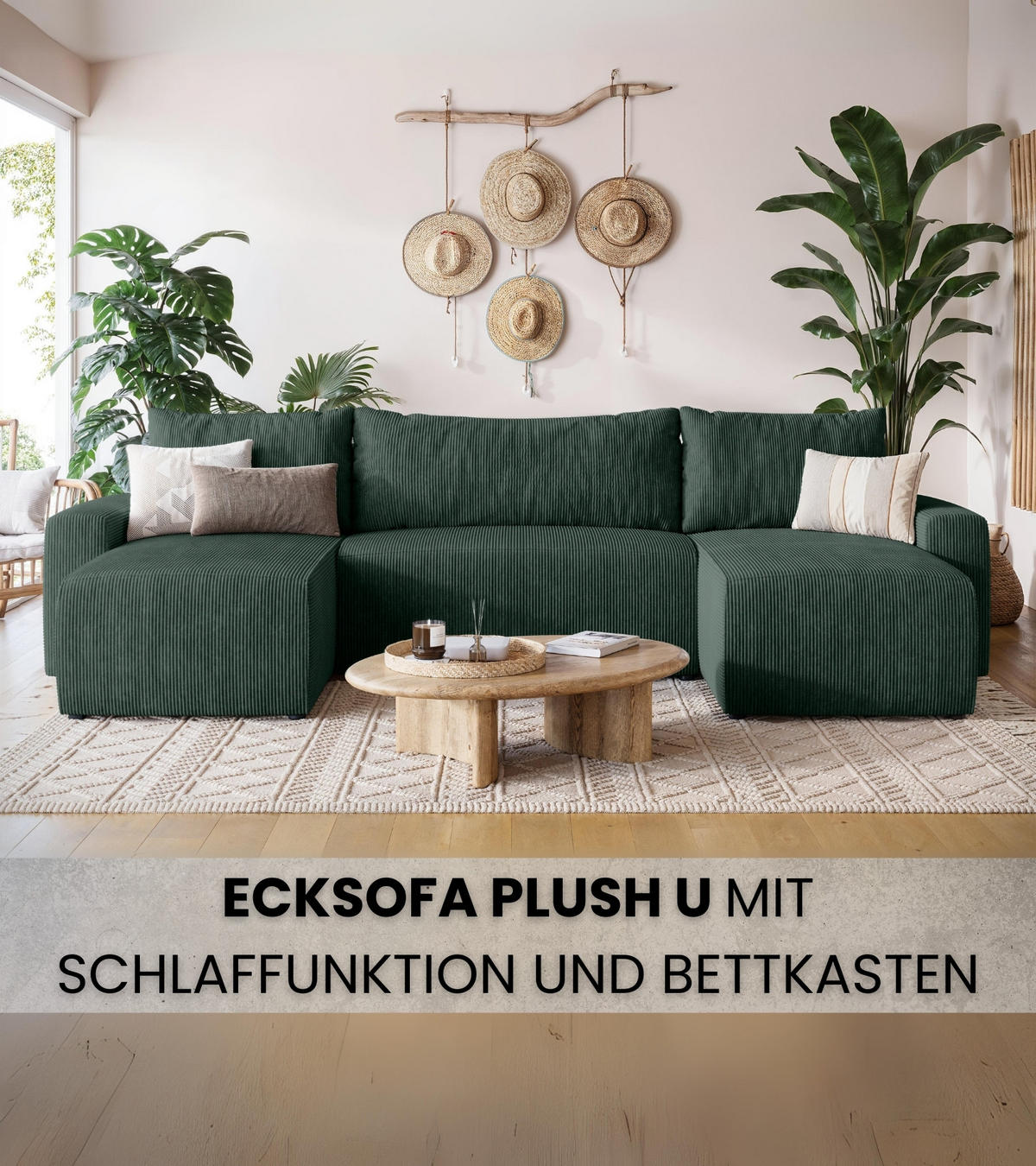 WOHNLANDSCHAFT Plush mit Schlaffunktion Grün Cord - Dunkelgrün, Kunststoff/Textil (315/72/145cm) - Bromarkt