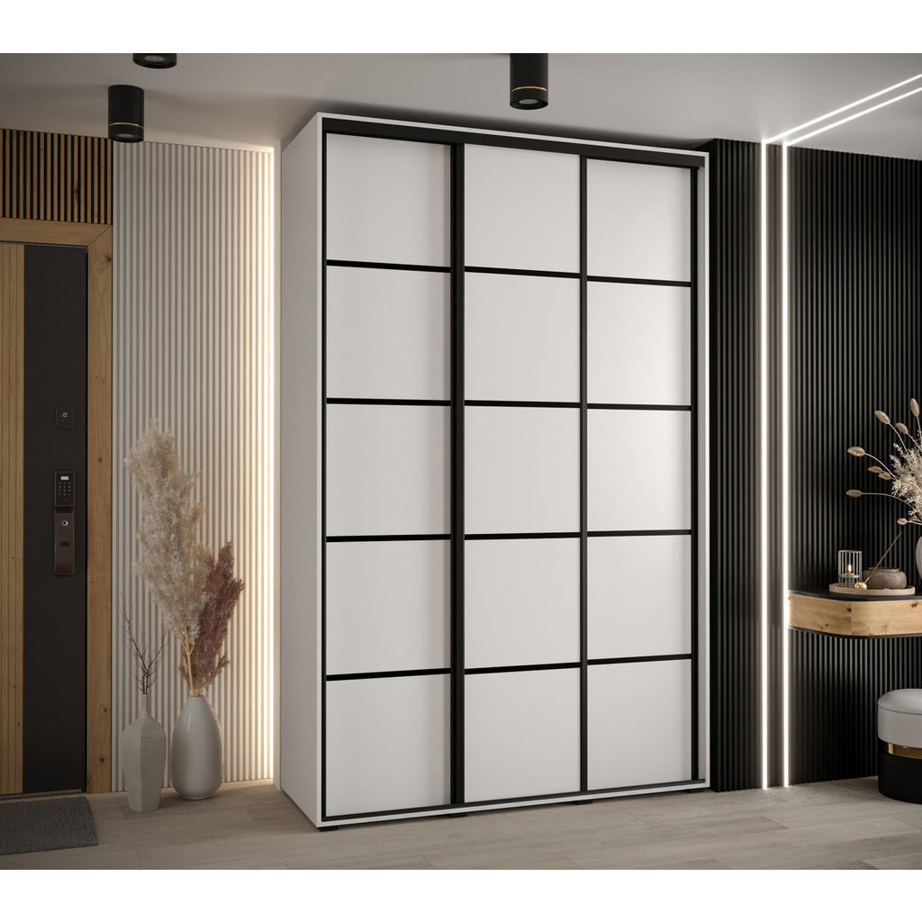 Thumbnail - Abiks Möbel Schwebetürenschrank, Weiß, Weiß, Schwarz, Metall, Nachbildung, 6 Fächer, 150x235x45 cm, Schlafzimmer, Kleide...