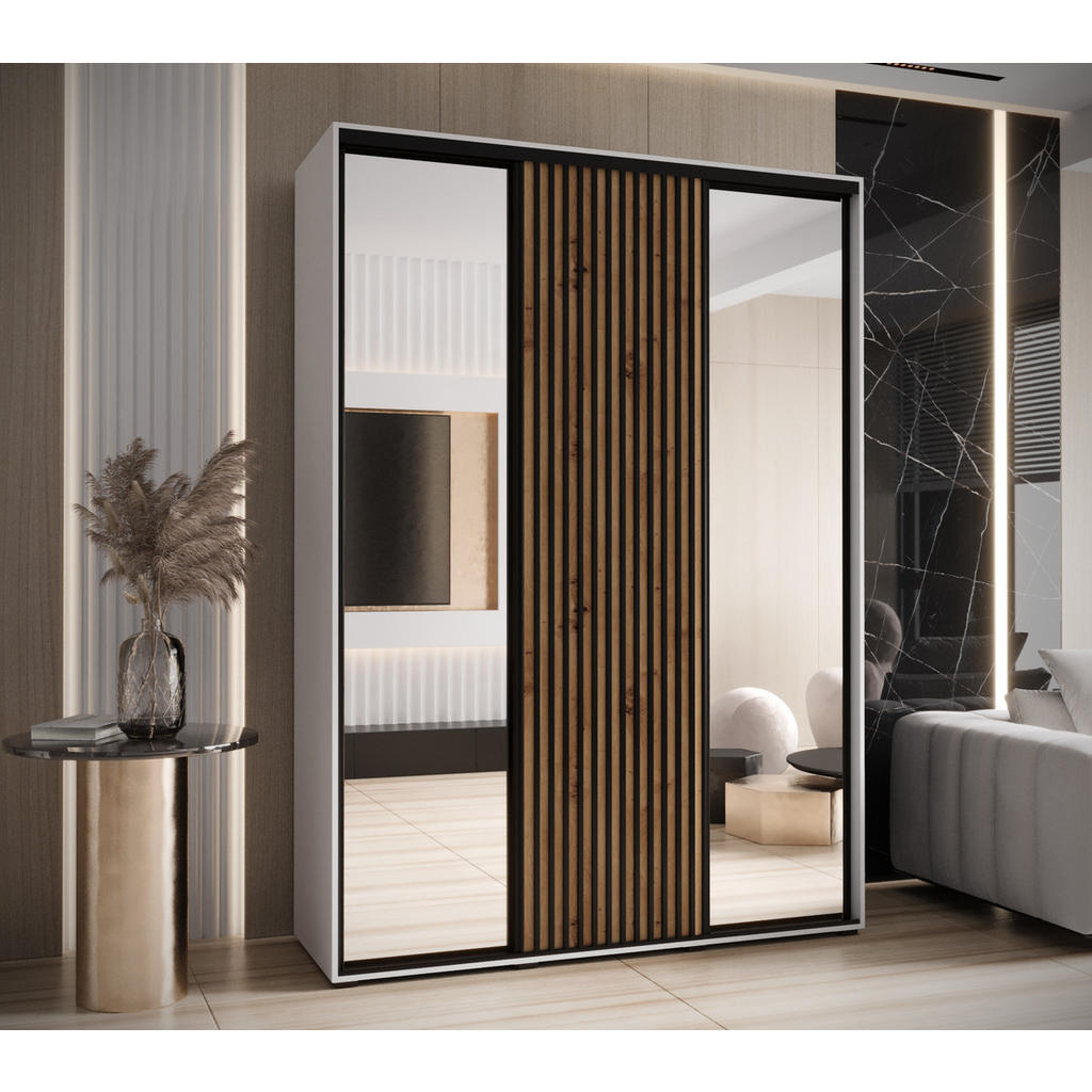Thumbnail - Abiks Möbel Schwebetürenschrank, Weiß, Eiche Artisan, Schwarz, Metall, Nachbildung, 6 Fächer, 180x235x60 cm, Schlafzimme...