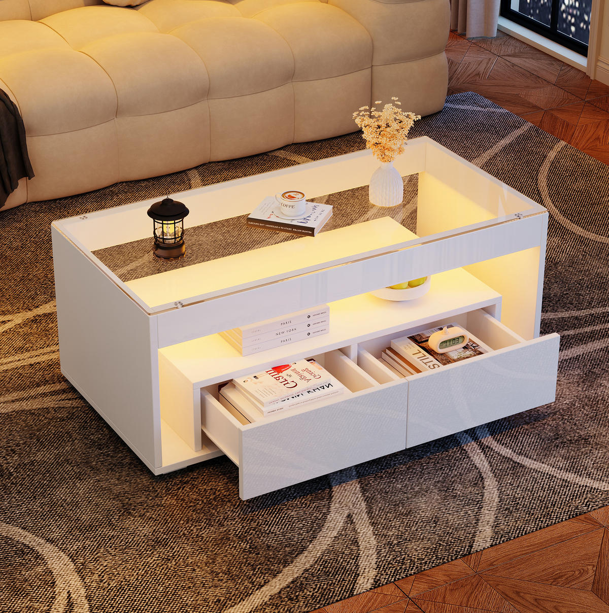 COUCHTISCH aus Spanplatte und Glas 100x50x40 cm in Weiß mit LED - Weiß, Holzwerkstoff (100/50/40cm) - Modfu