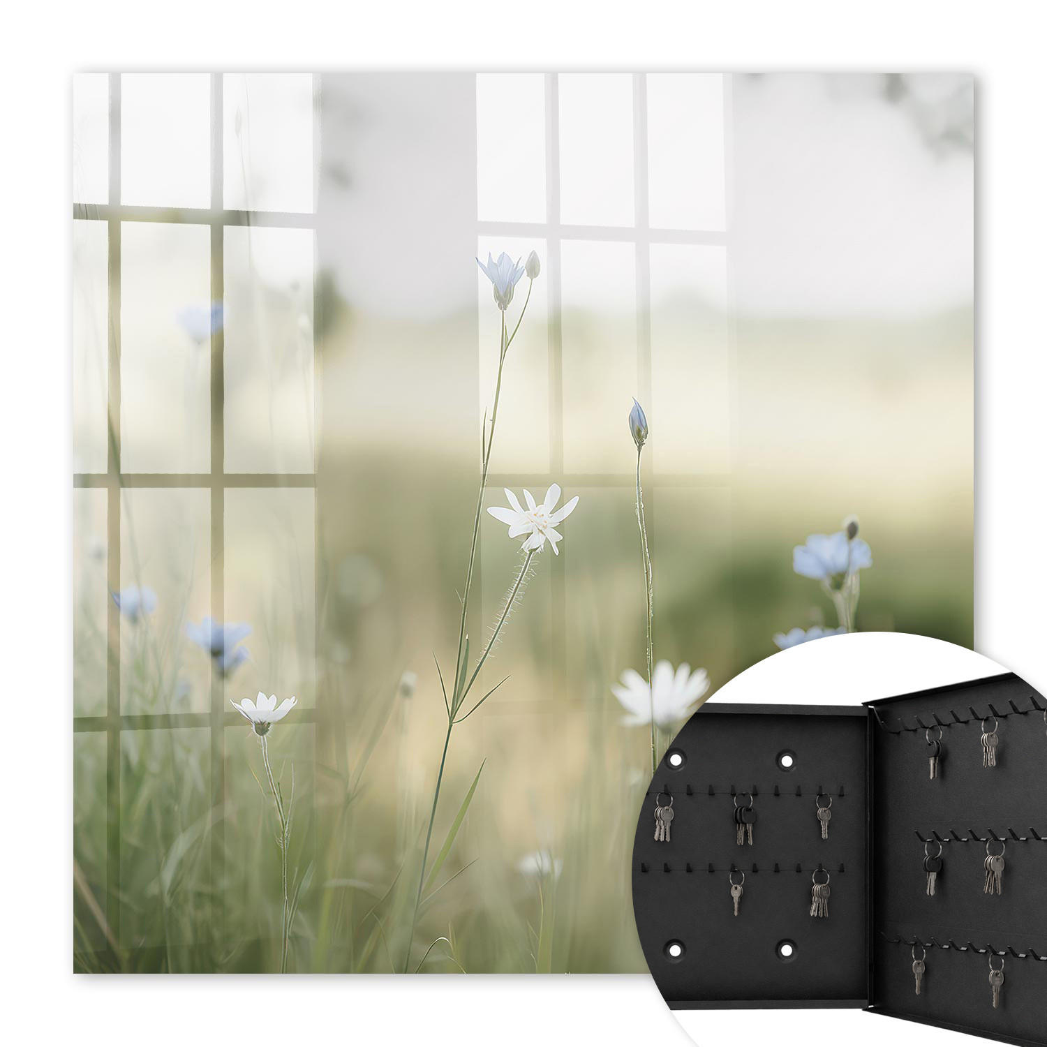 SCHLÜSSELBOX Schwarz 30x30 cm- Türöffnung nach rechts - Zarte Blüten - Beige, Metall (30/30/5cm) - TULUP