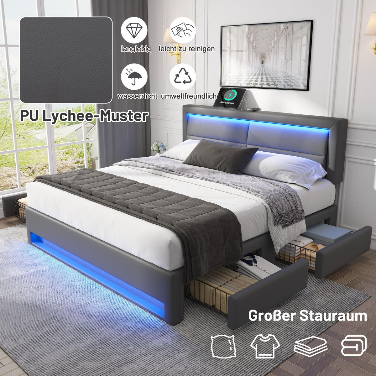 POLSTERBETT 140/200 cm mit LED & USB-Ladefläche, 4 Schubladen, PU-Bezug Grau - Grau, Kunststoff (140/200cm) - Redom