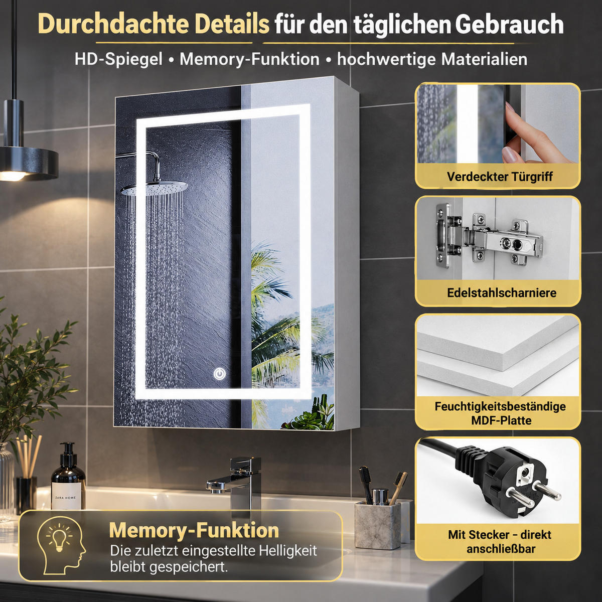 SPIEGELSCHRANK LED 50/70/12.5 cm Weiß, 1-türig, dimmbar, Touch-Schalter, 3 Lichtfarben, Badschrank mit Glasböden - Weiß, Glas (50/70/12.5cm) - Joyfair
