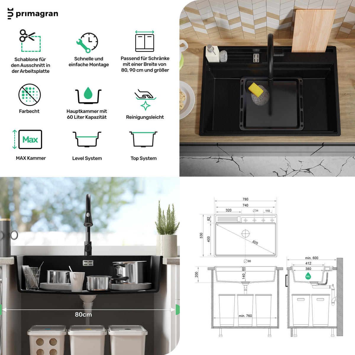 GRANITSPÜLE Oslo Pocket, 2-er set Weiß 78/53 cm 1 Becken + Küchenarmatur 40/20 cm + Ablauf-Set + Küchenzubehörset ab 80er Unterschrank - Chromfarben/Beige, Kunststoff (78/20/53cm) - Primagran