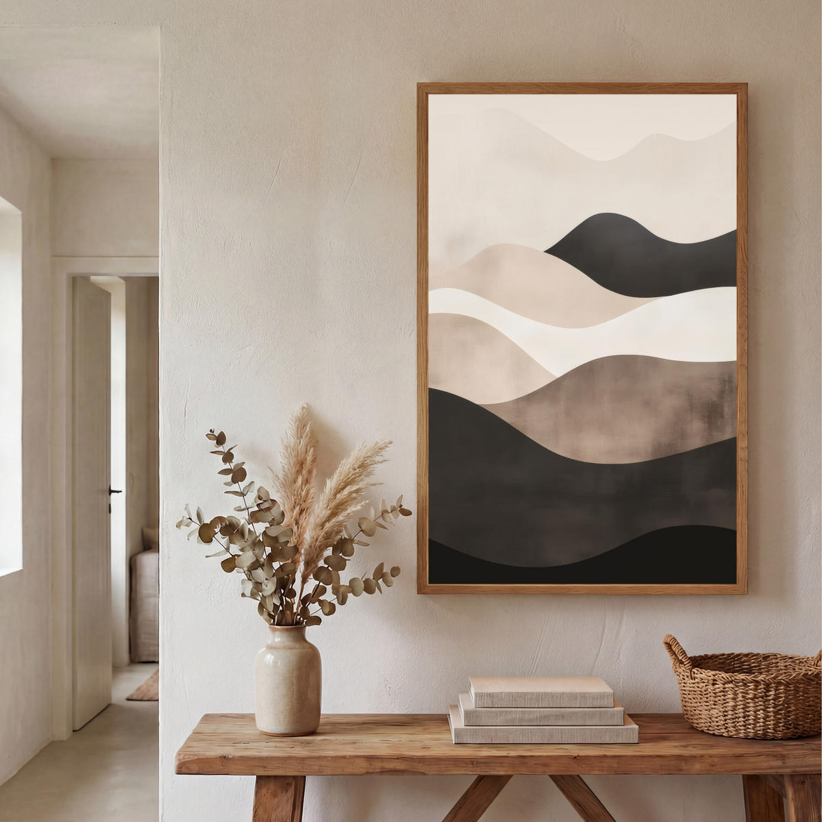 NÁSTĚNNÁ LAMPA S AKUMULÁTOREM Abstraktní - Krajina - Vlny - Krémová barva 70x100 cm - šedohnědá, kompozitní dřevo (70/100/8cm) - OnlyWow