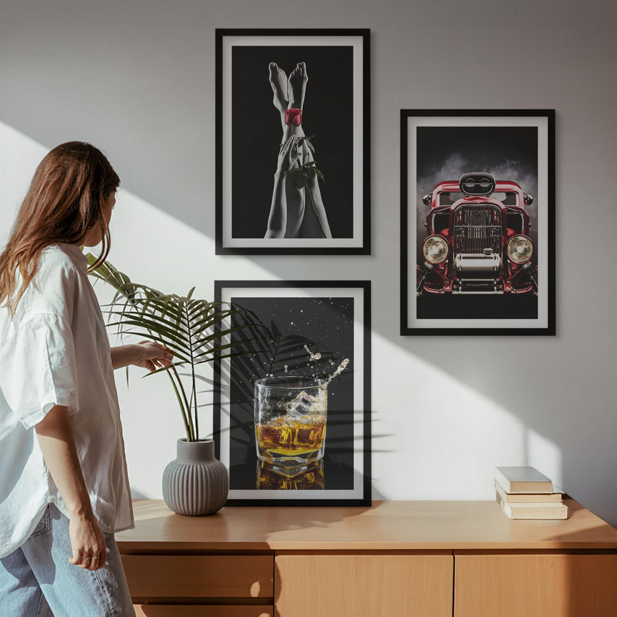 BILDER SET 3er Set - 40x60 cm Schwarzer Rahmen - Frauenbeine Rosenauto Whisky - Schwarz, Kunststoff (40/60cm) - TULUP