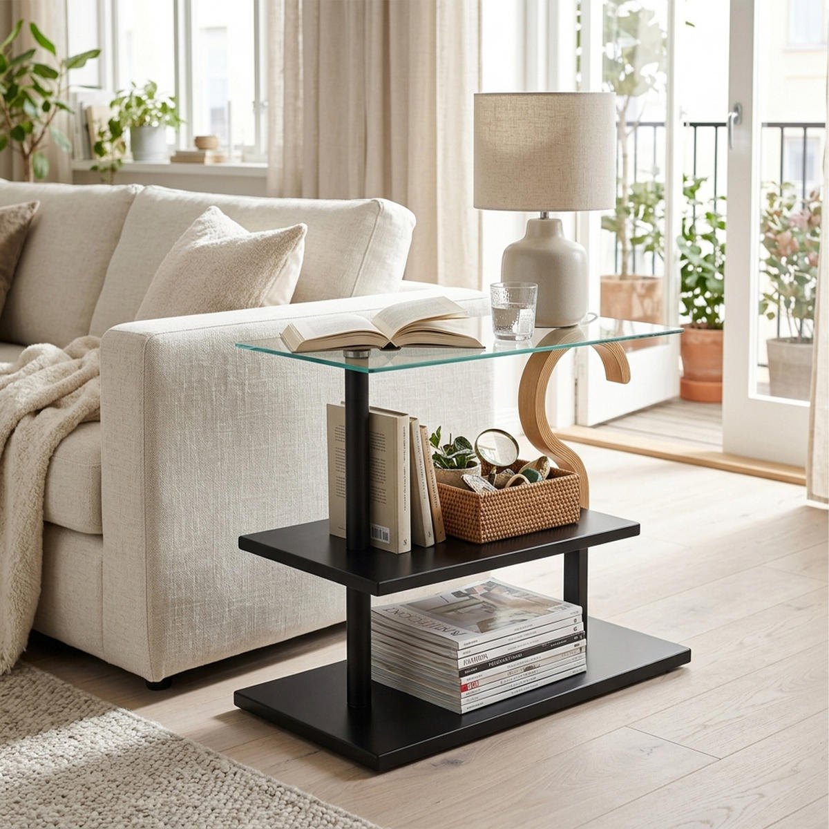 COUCHTISCH Schwarz Transparent Natur Glas mit Ablage - Multicolor, Glas/Holzwerkstoff (30/60/50cm) - Relaxdays