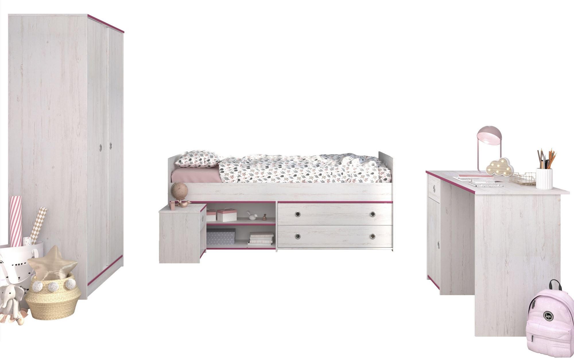 KINDERZIMMER-SET 4-tlg. Parisot Smoozy 26b Holzdekor Kiefer Weiß/Pink - Pink/Weiß, Kunststoff (100/1/200cm) - 58aufmkessel
