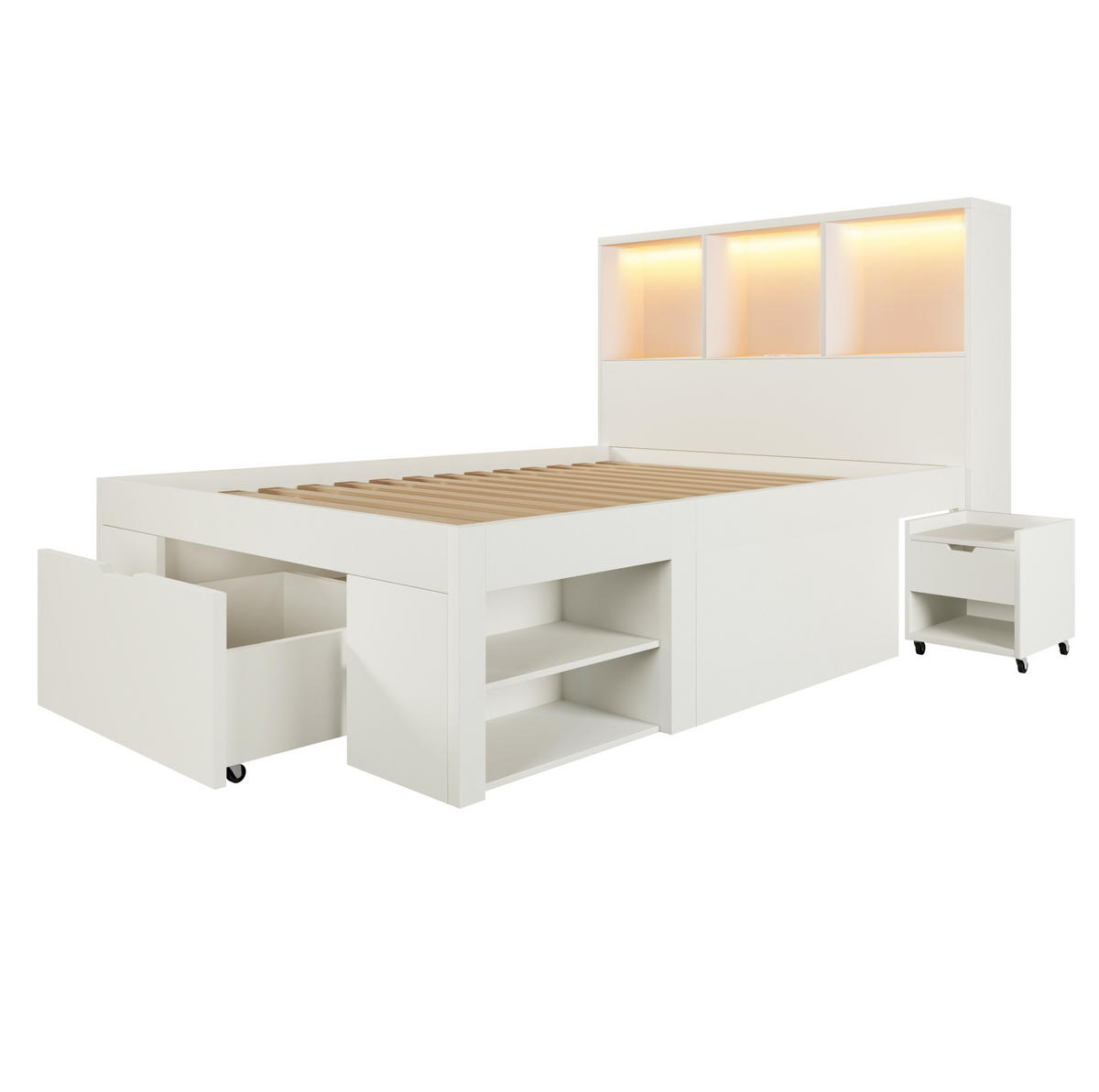 FUNKTIONSBETT 90/200 cm mit LED-Beleuchtung, USB-C, Stauraum und beweglichem Nachttisch aus Holz, Weiß - Weiß, Holzwerkstoff (90/200cm) - Redom