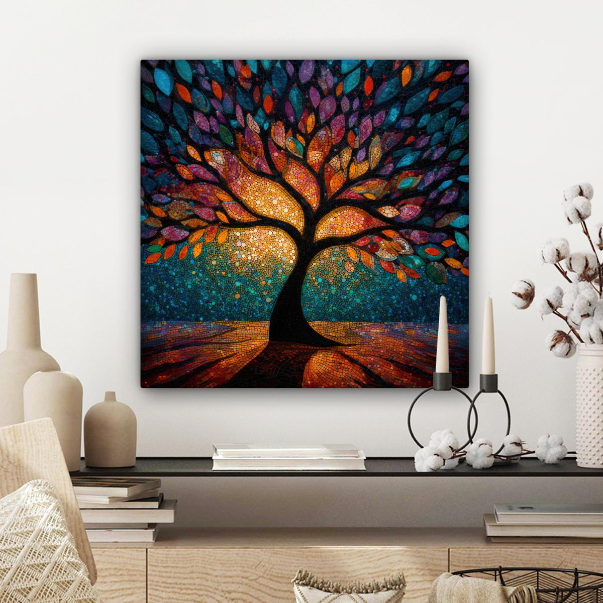 LEINWANDBILD Mosaik - Bunt - Baum - Äste Wandbild Wohnzimmer 50x50 cm - Multicolor, Textil (50/50cm) - MuchoWow