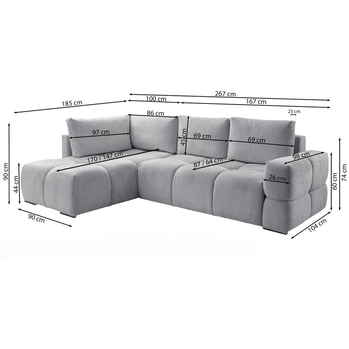 ECKSOFA Taremi mit Chenillebezug Hellbeige, beidseitig - Ecru/Schwarz, Textil (267/185cm) - Selsey